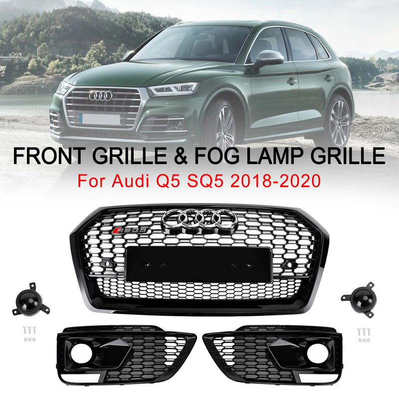 2018-2020 Audi Q5 SQ5 RSQ5 Front Honeycomb Mesh Grill + Fog Lamp Grille Generic
