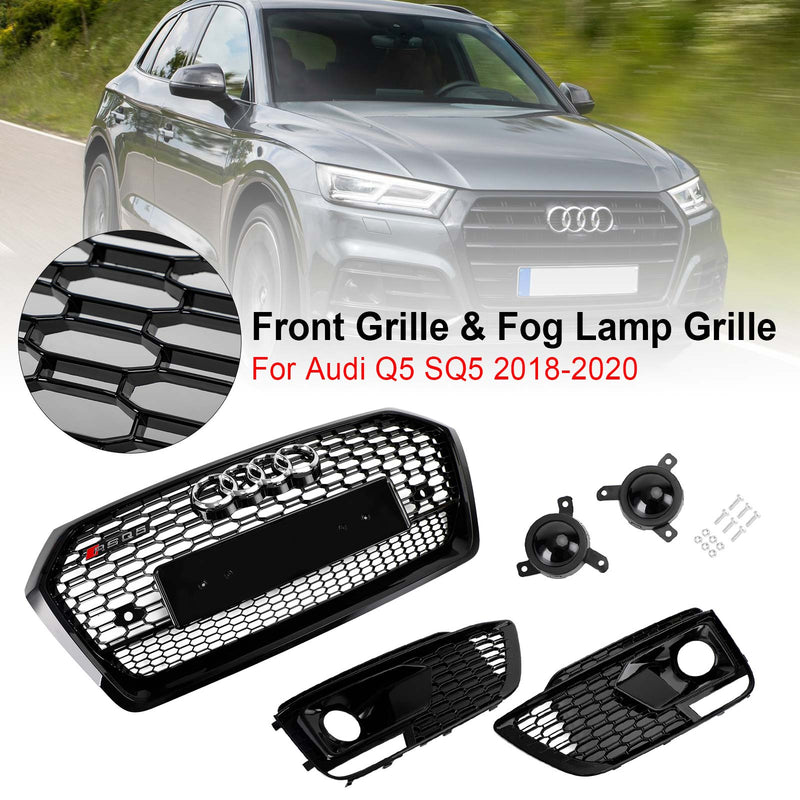 Parrilla delantera de malla de panal para Audi Q5 SQ5 RSQ5 2018-2020 + rejilla de lámpara antiniebla genérica