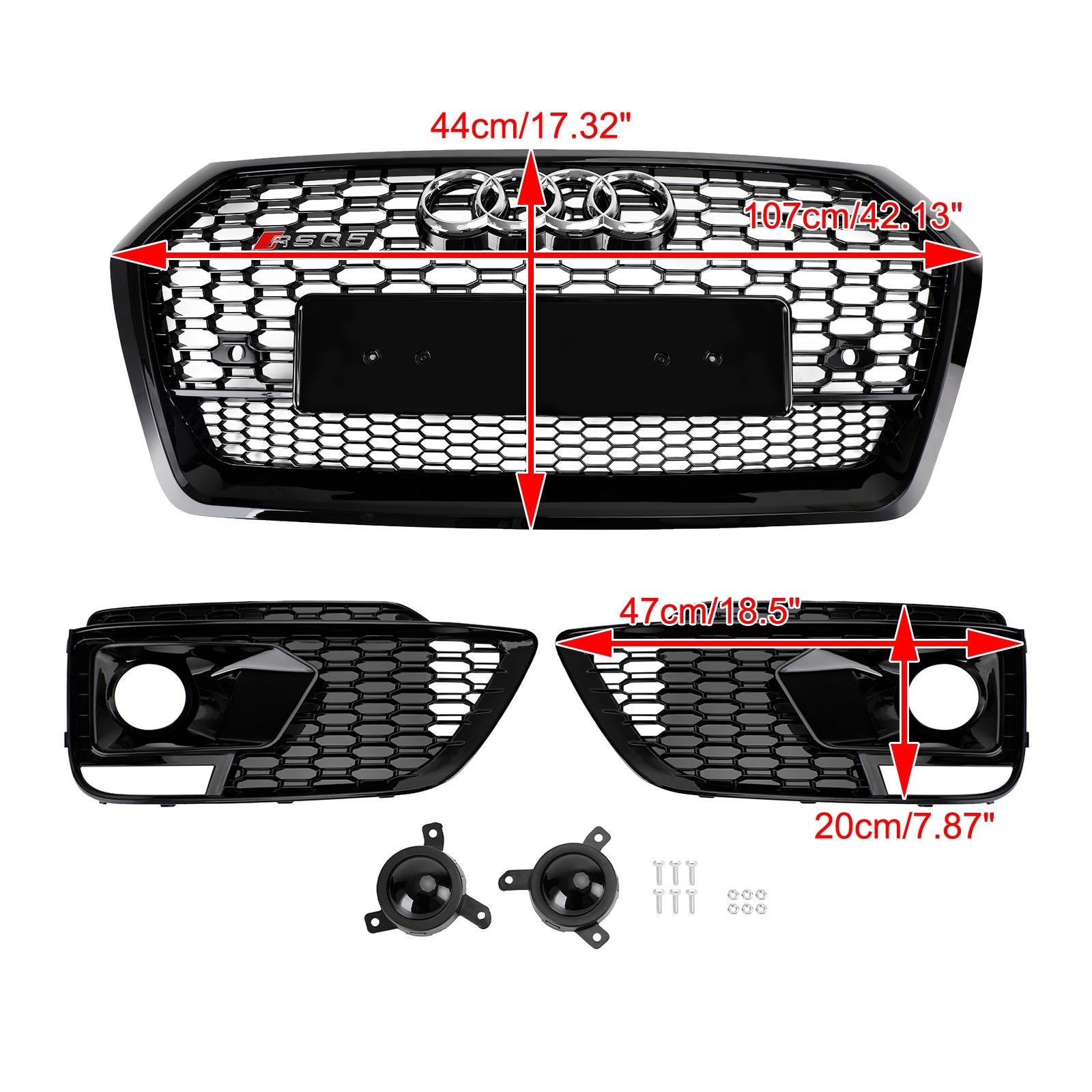 Parrilla delantera de malla de panal para Audi Q5 SQ5 RSQ5 2018-2020 + rejilla de lámpara antiniebla genérica