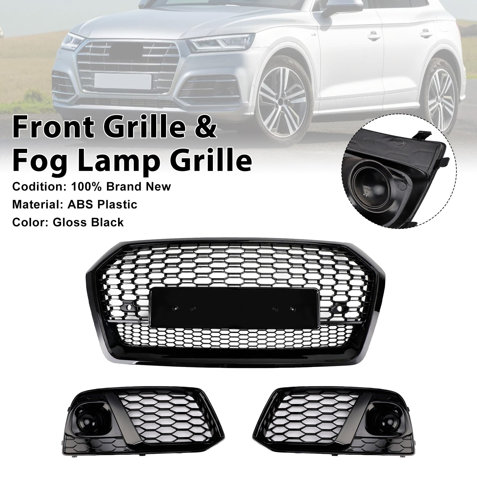 2018 2019 Audi Q5 SQ5 Front Honeycomb Mesh Grill + Fog Lamp Grille