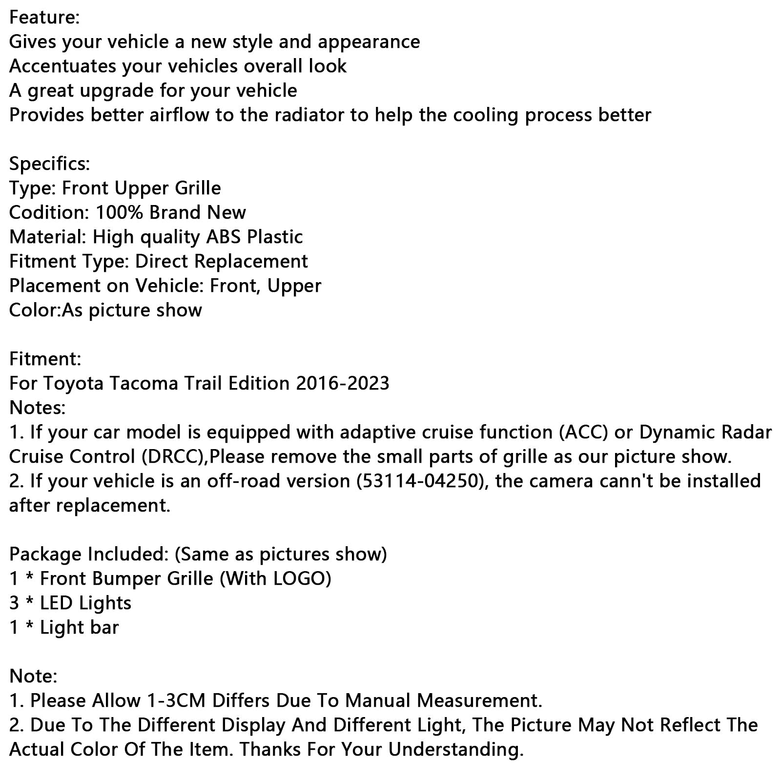 2016-2023 Toyota Tacoma W/ LED Light Front Bumper Grill Grille