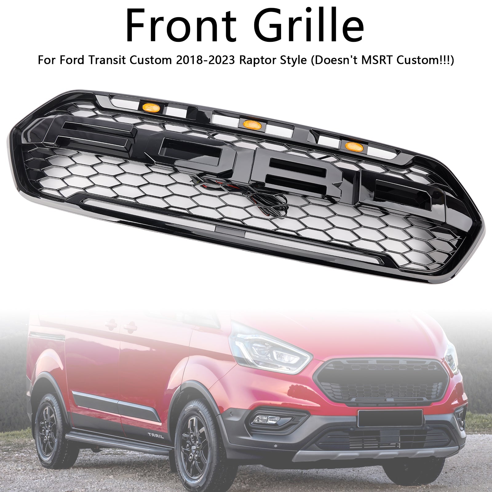 2018-2023 W/ 3LED Gloss Black Ford Transit Custom Trail W/ 3LED Front Bumper Grille