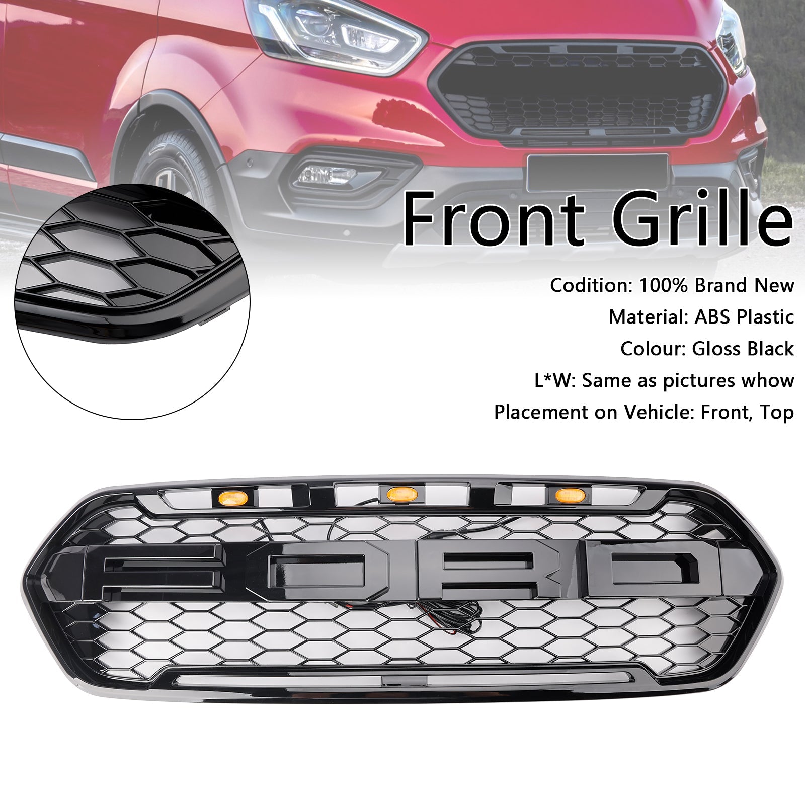2018-2023 W/ 3LED Gloss Black Ford Transit Custom Trail W/ 3LED Front Bumper Grille