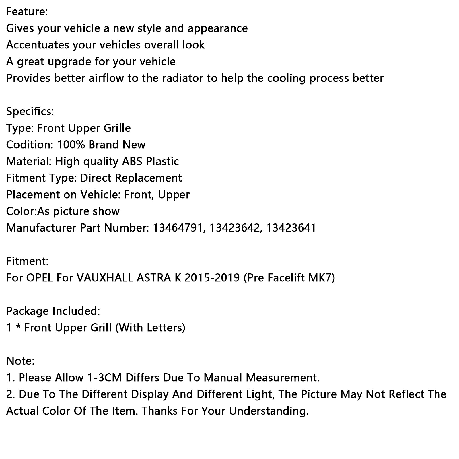 2015-2019 OPEL  ASTRA K Facelift Front Bumper Grill Grille 13464791 Black Chrome