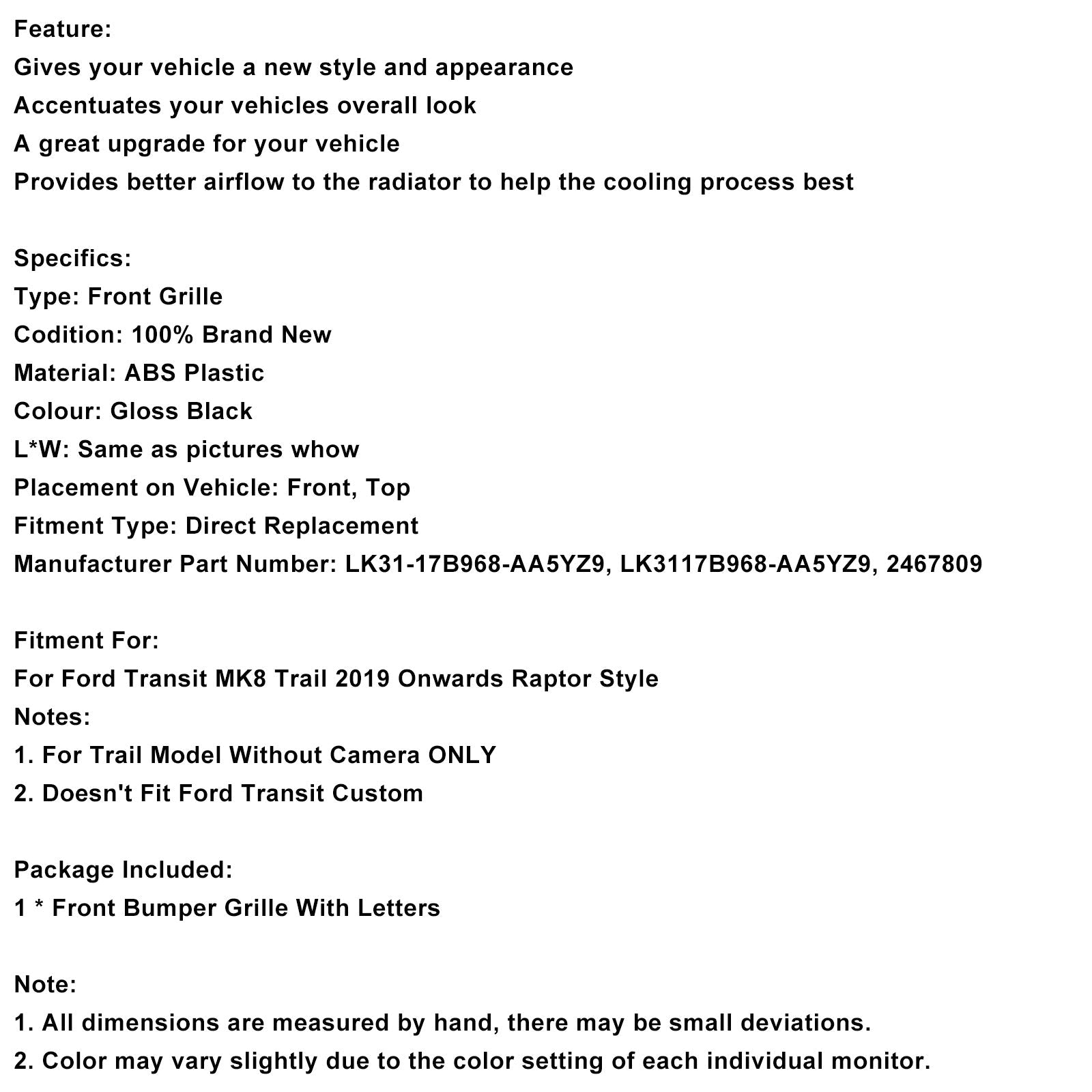 2019-Onwards Ford Transit MK8 Trail Raptor Style Front Bumper Grille 2467809