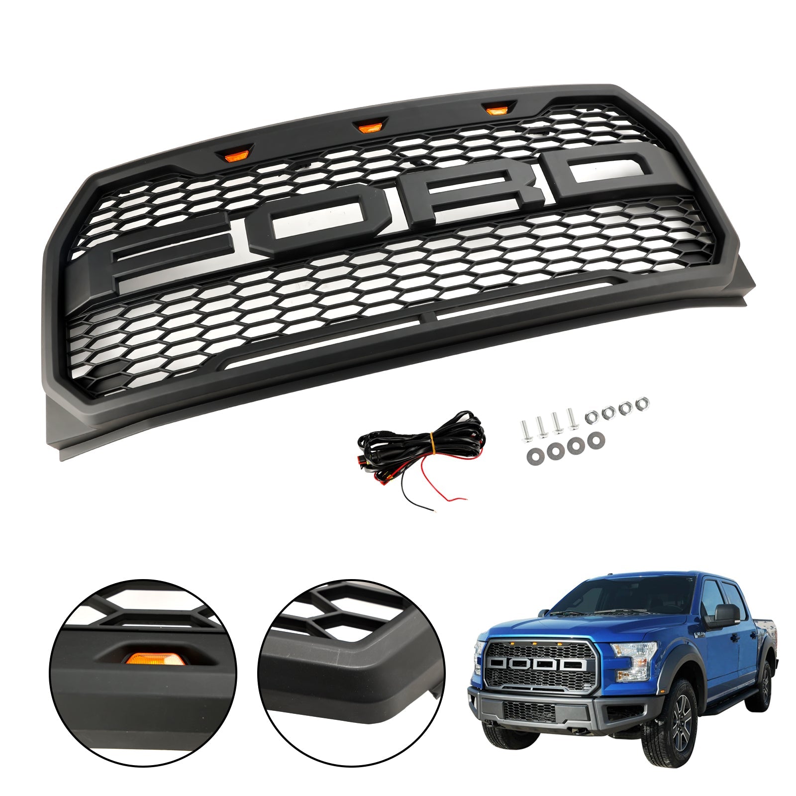 2015-2017 Ford F150 Raptor Style W/ LED Replacement Front Bumper Grill Grille