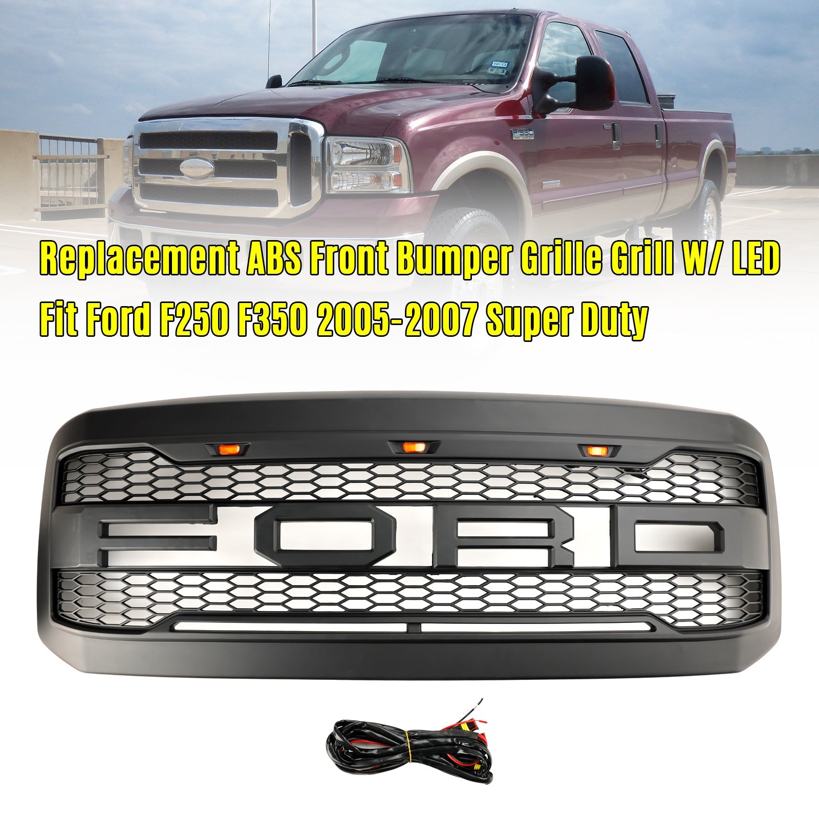 2005-2007 Ford F250 F350 Super Duty W/ LED Front Bumper Grill Grille