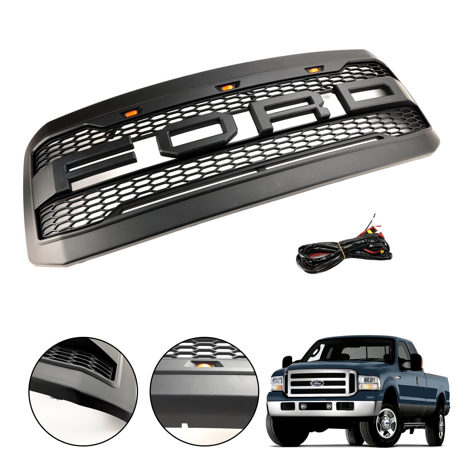 2005-2007 Ford F250 F350 Super Duty W/ LED Front Bumper Grill Grille