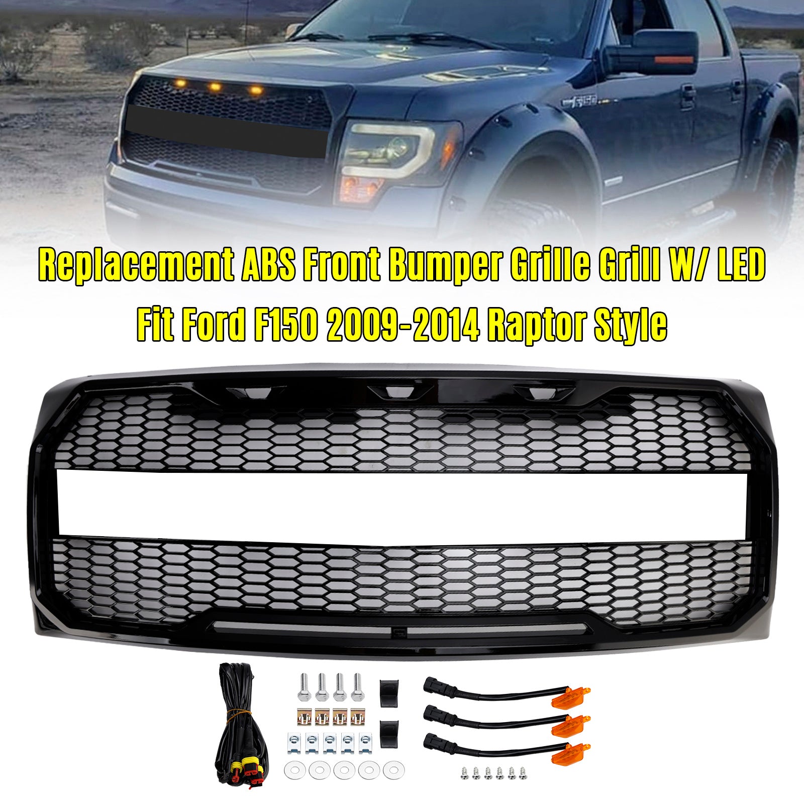 Gloss Black Raptor Style Front Bumper Grille Grill Fit Ford F150 2009-2014