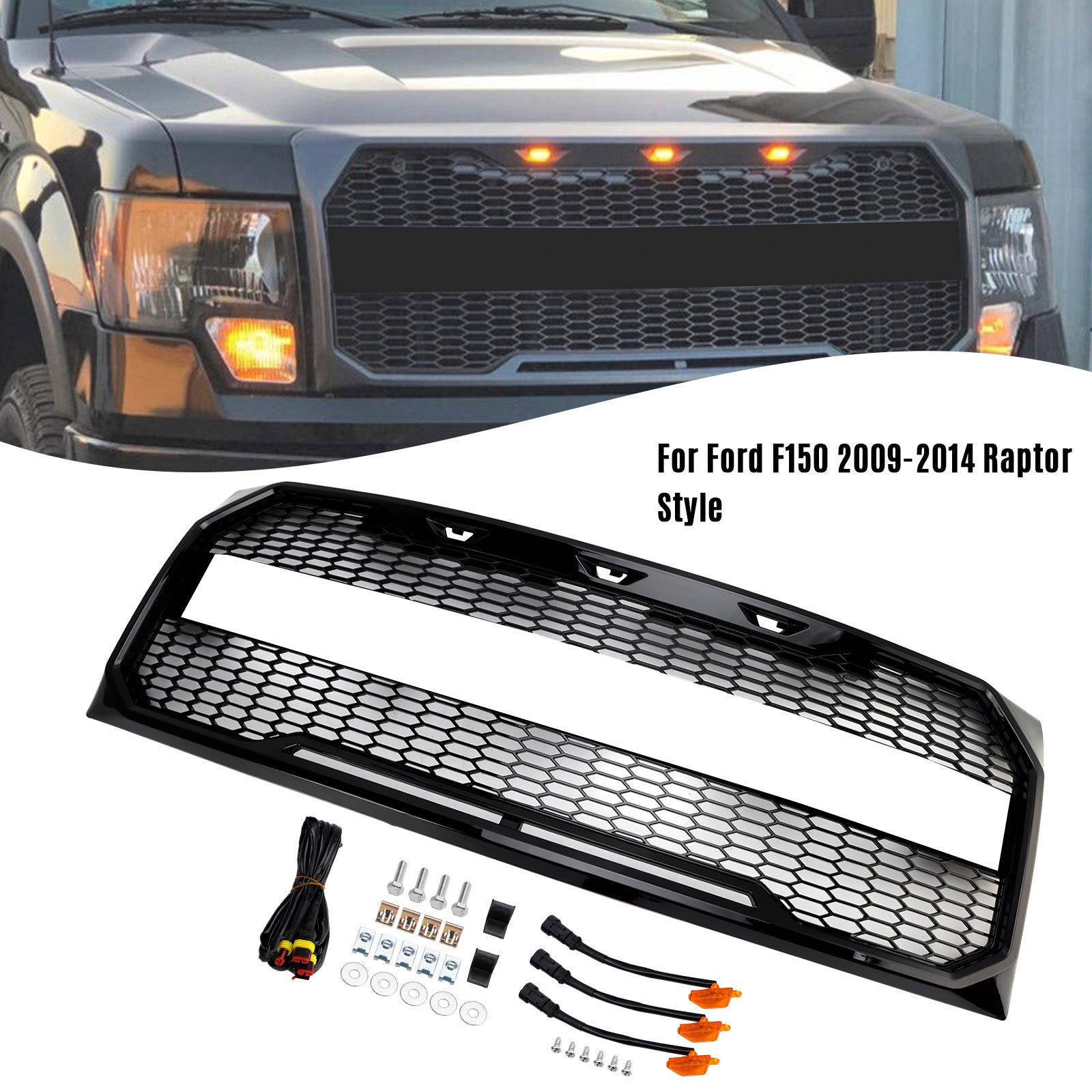 Gloss Black Raptor Style Front Bumper Grille Grill Fit Ford F150 2009-2014