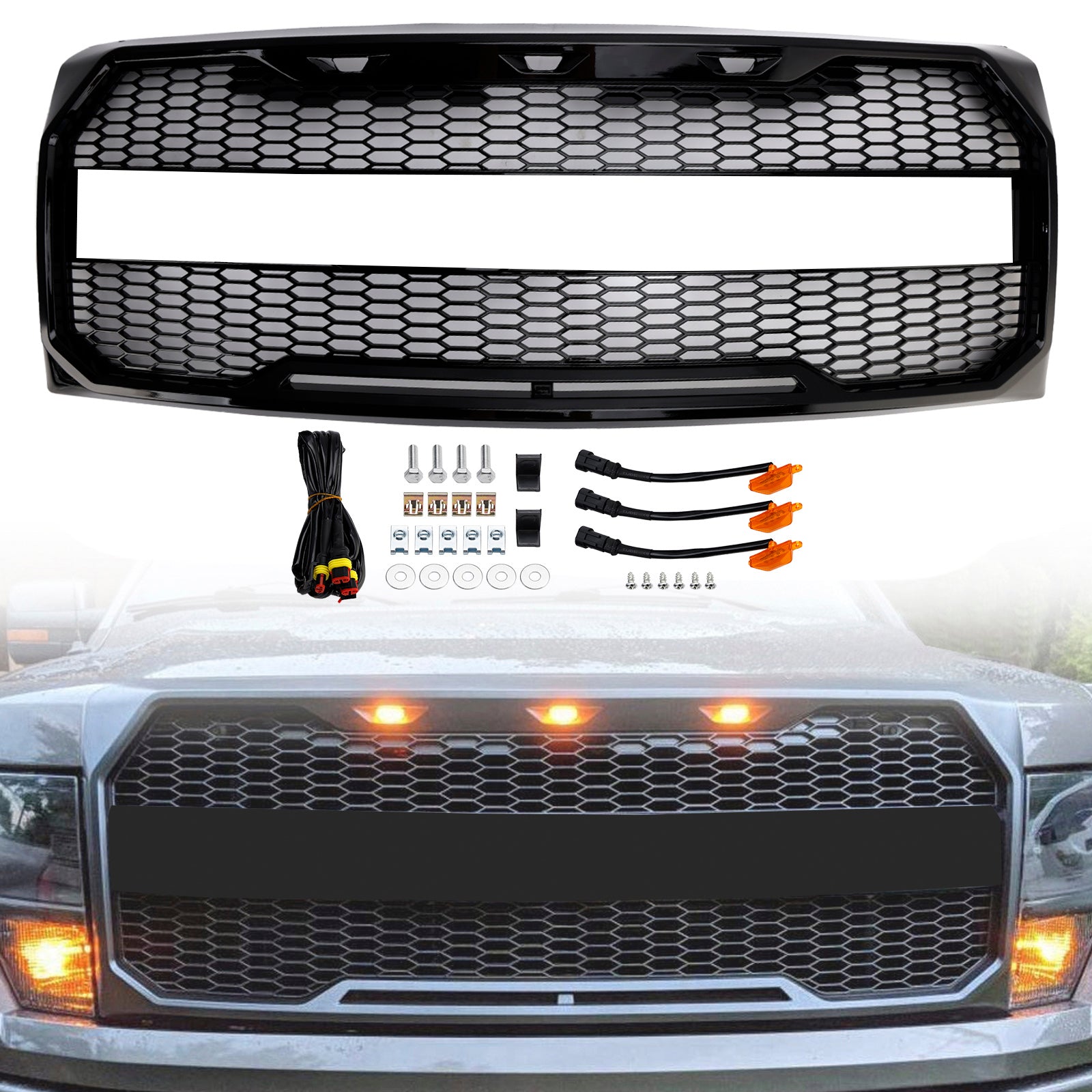 Gloss Black Raptor Style Front Bumper Grille Grill Fit Ford F150 2009-2014