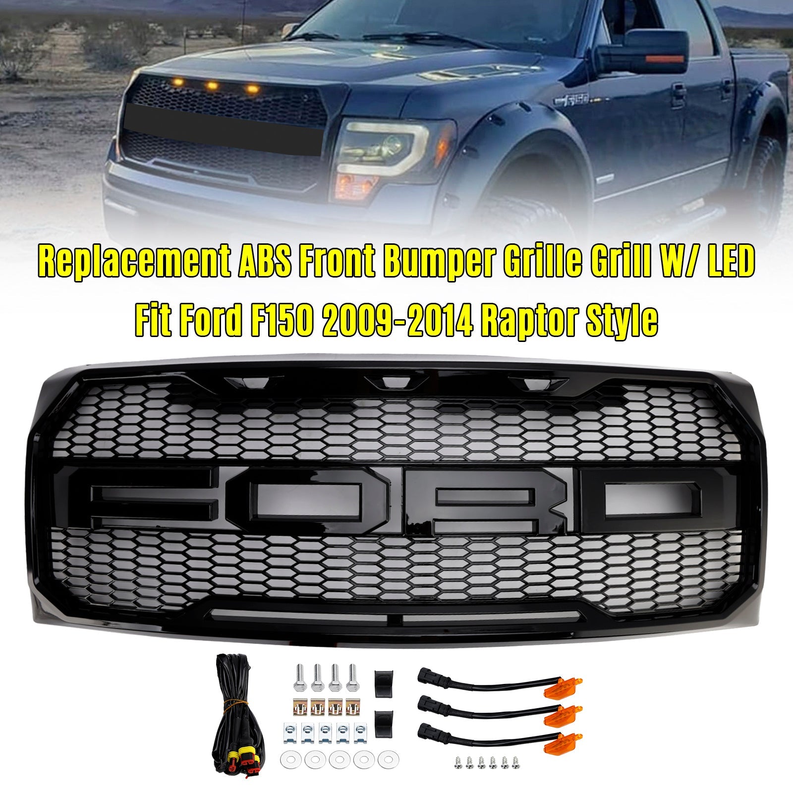 Gloss Black Raptor Style Front Bumper Grille Grill Fit Ford F150 2009-2014