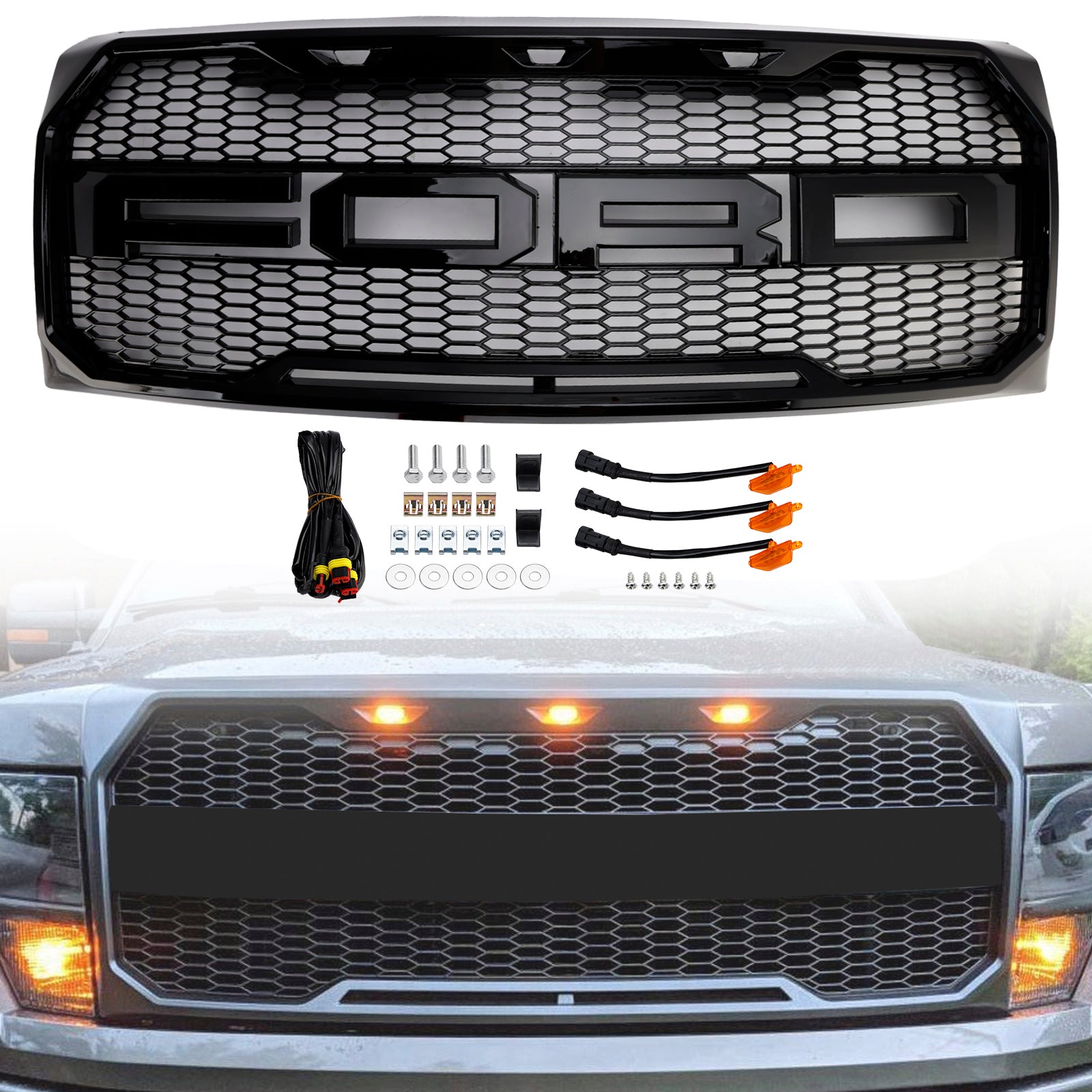 Gloss Black Raptor Style Front Bumper Grille Grill Fit Ford F150 2009-2014