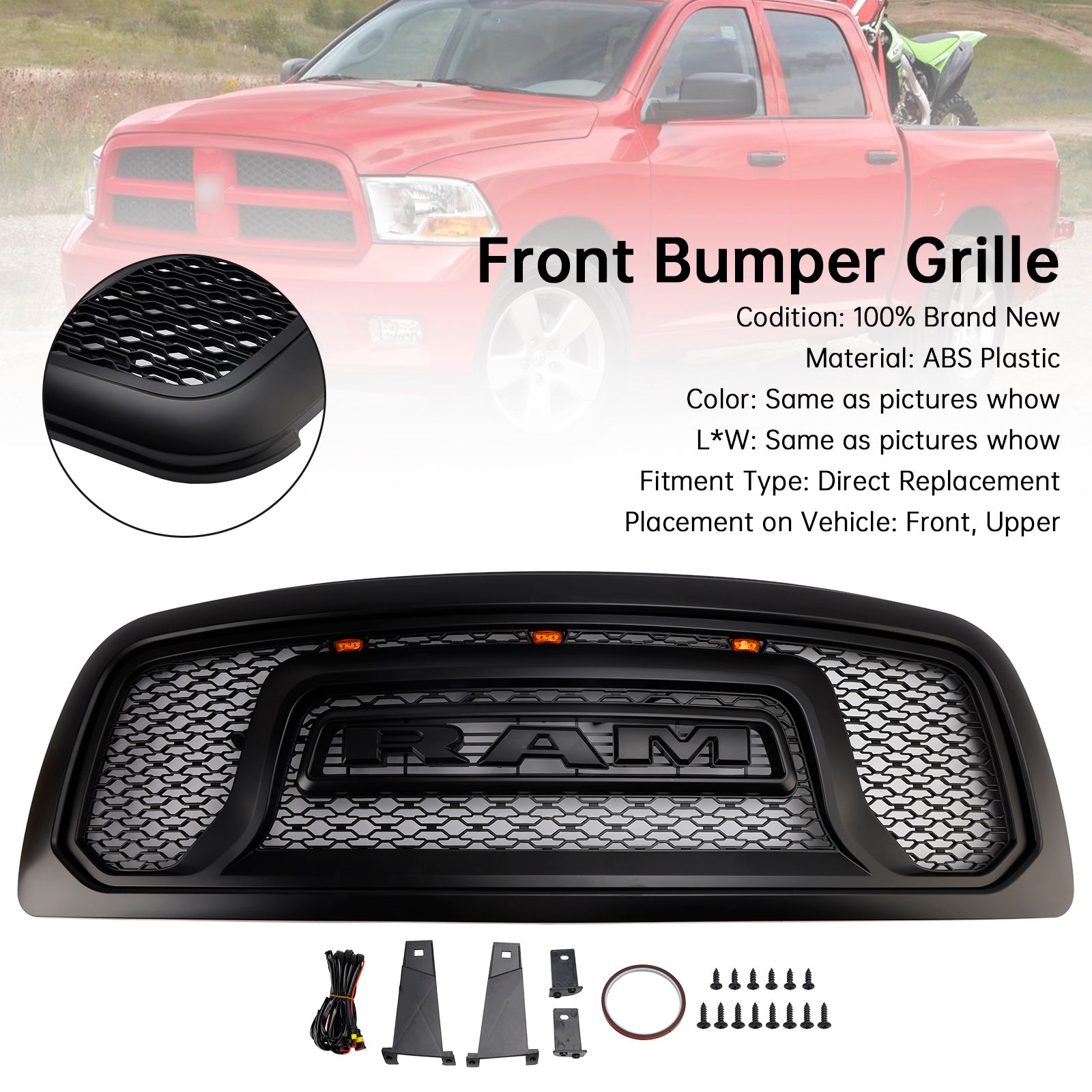 2009-2012 Dodge Ram 1500 W/ Led Light Black Front Bumper Grill Grille