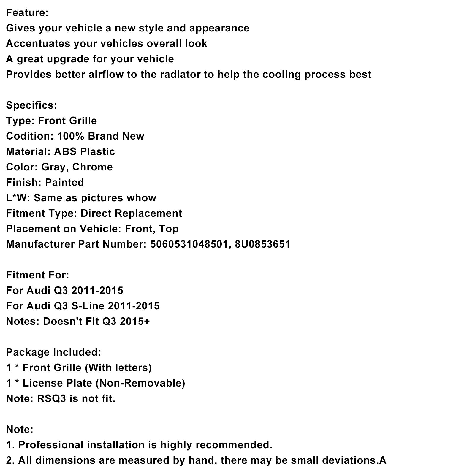 2011-2015 Audi Q3/S-Line Gray Chrome Front Mesh Grille Grill 5060531048501