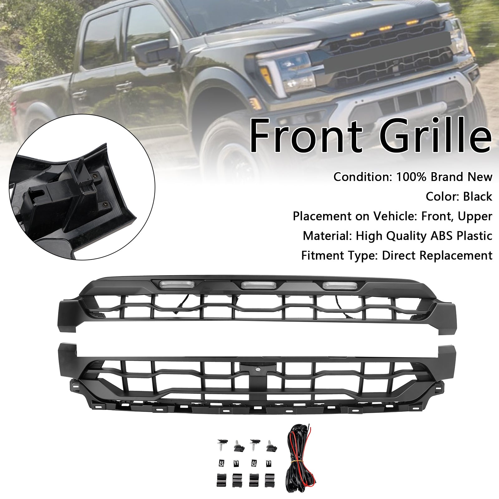 Ford F150 Front Bumper Grille Raptor Style 2024-2025 Black Replacement Grill With LED