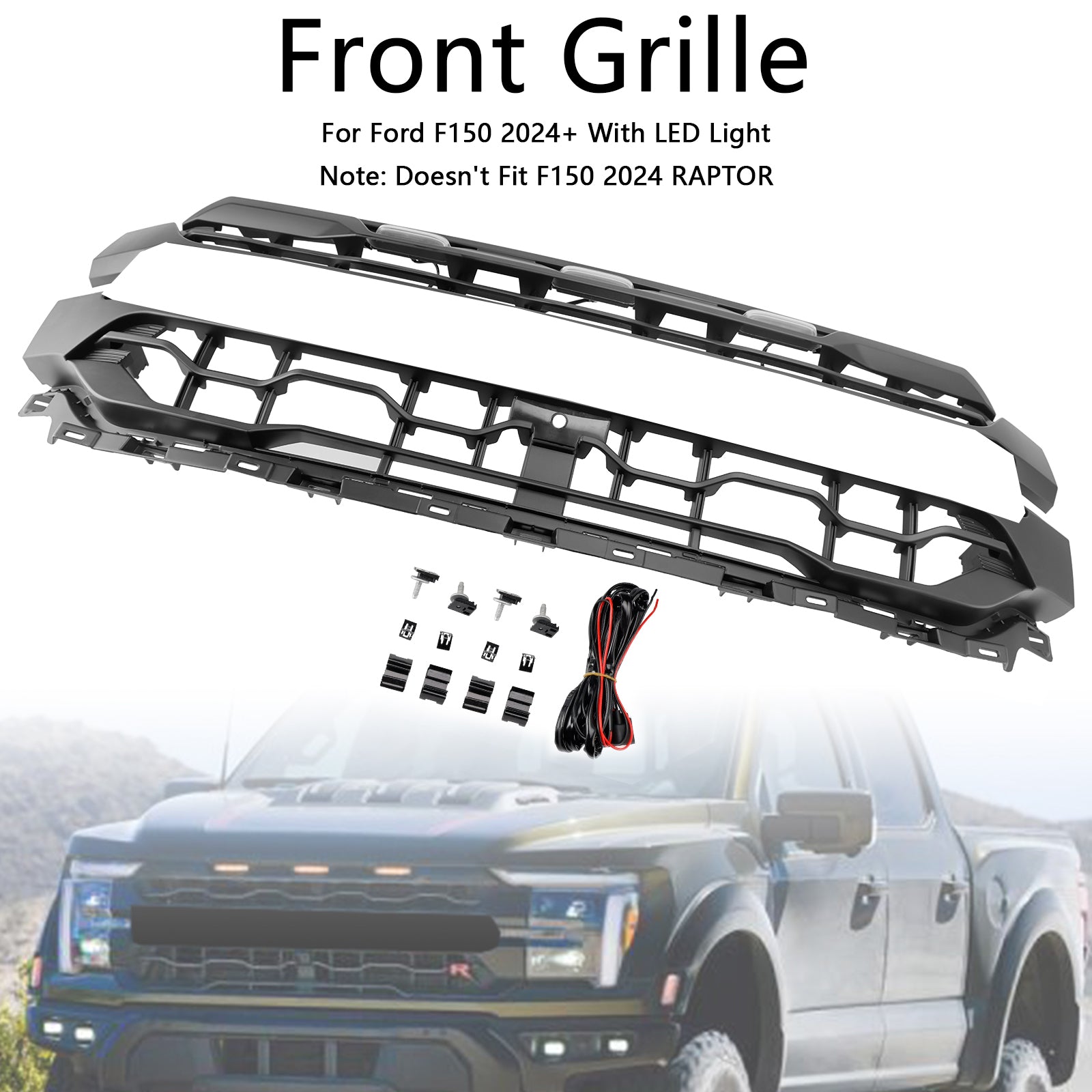 Ford F150 Front Bumper Grille Raptor Style 2024-2025 Black Replacement Grill With LED