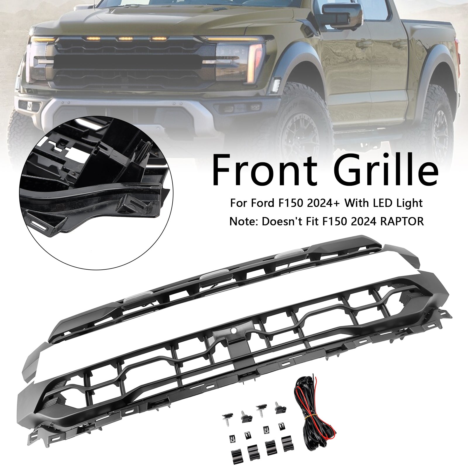 Ford F150 Front Bumper Grille Raptor Style 2024-2025 Black Replacement Grill With LED