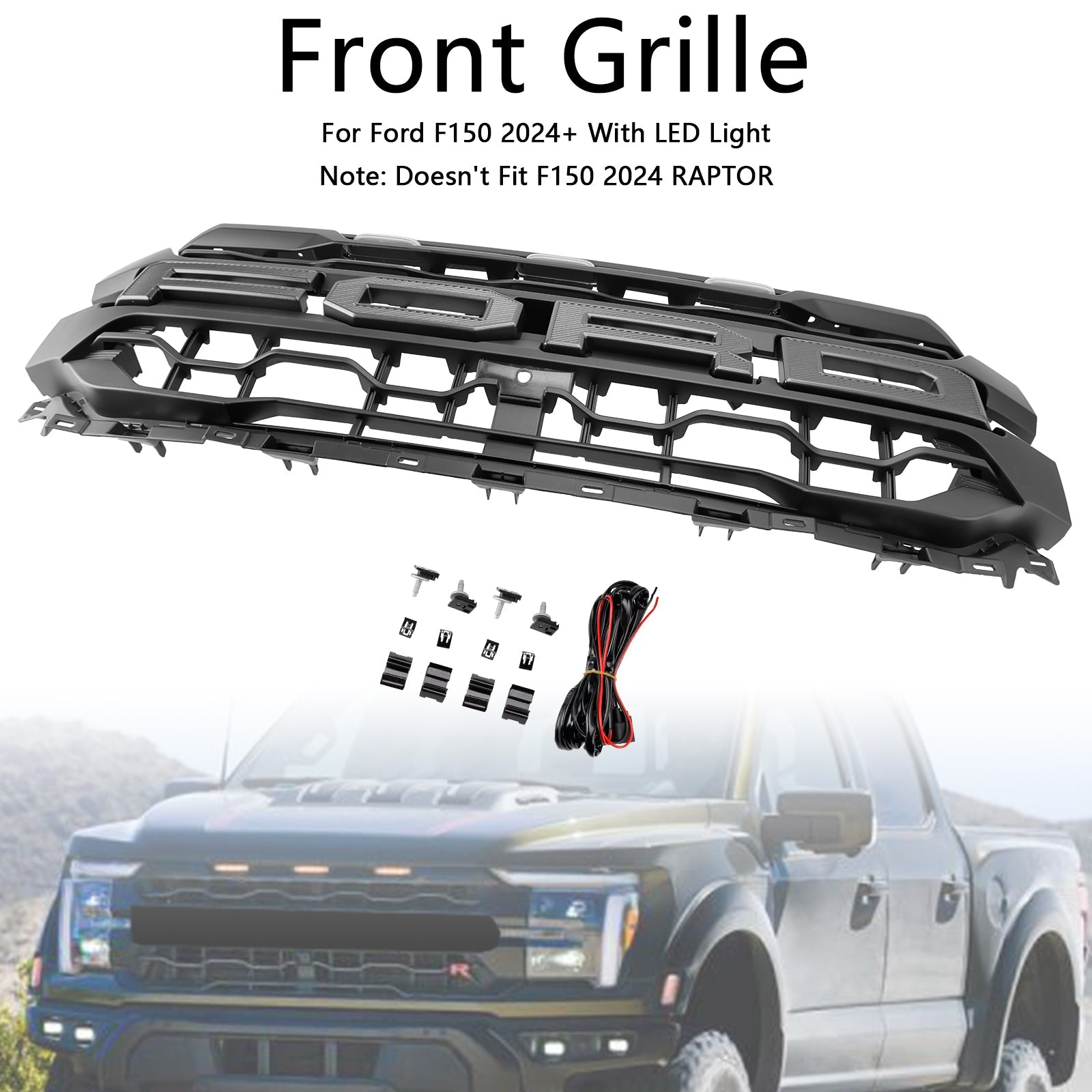 2024 2025 Ford F150 Black Grille Front Bumper Raptor Style Grill W/ LED Light & Letter