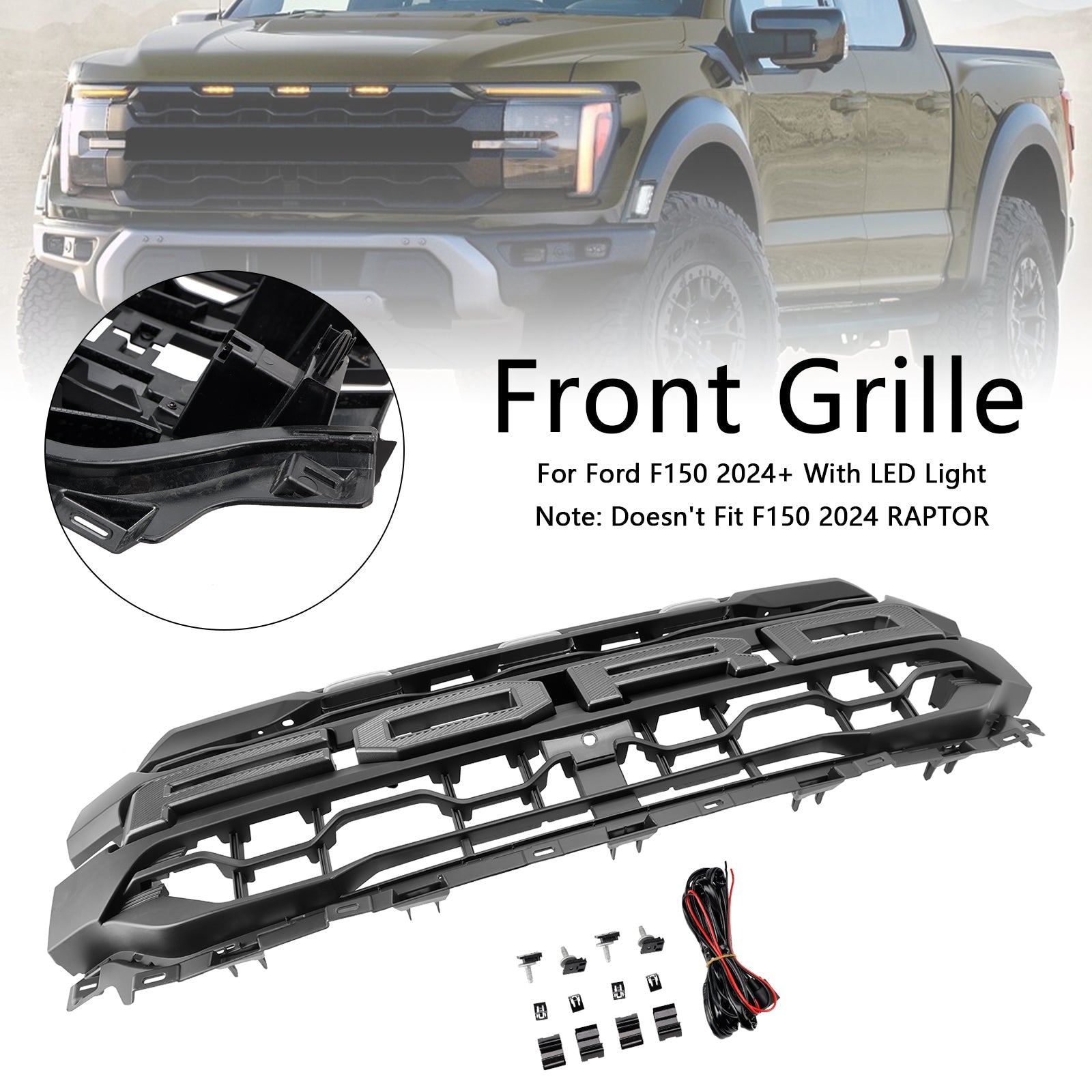 2024 2025 Ford F150 Black Grille Front Bumper Raptor Style Grill W/ LED Light & Letter