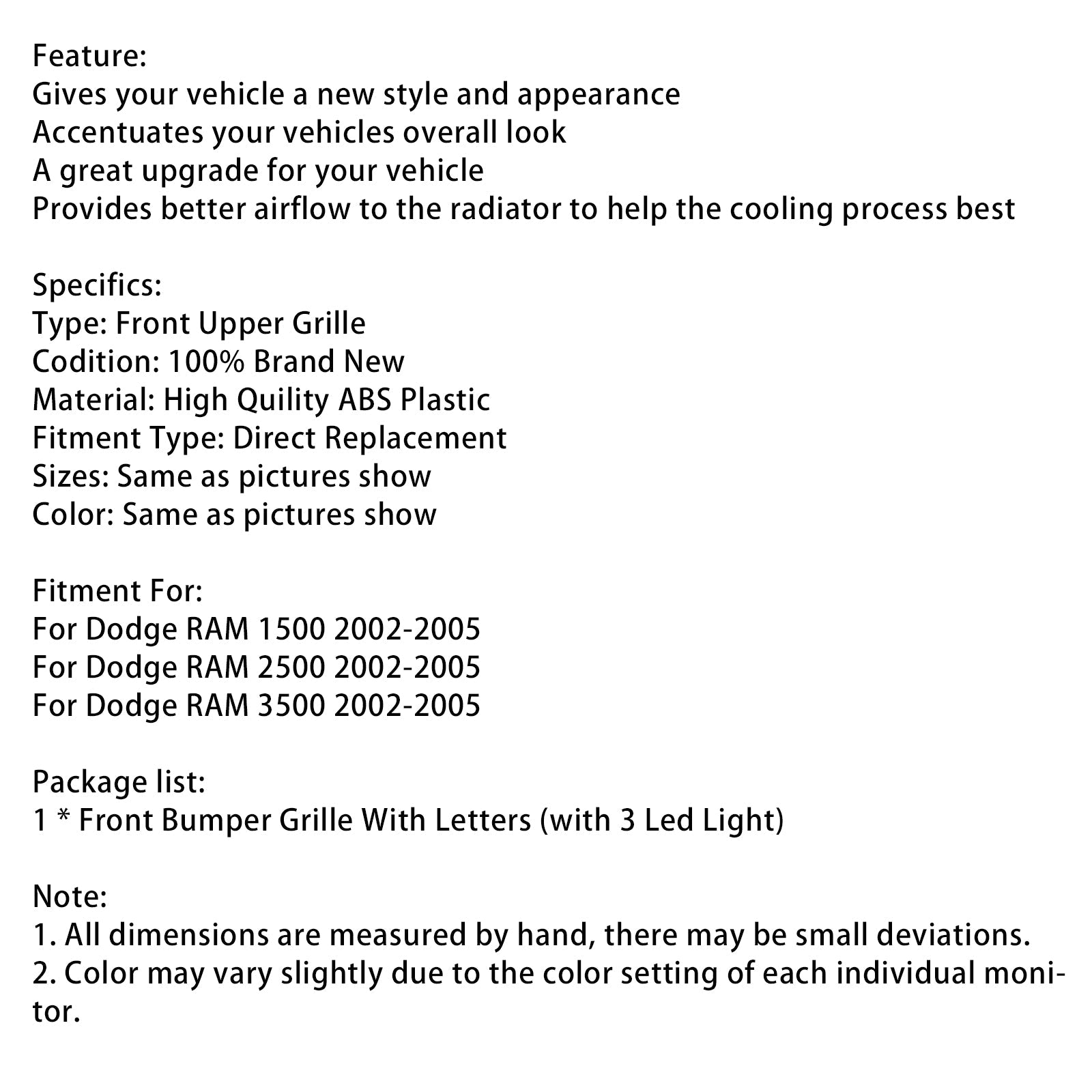 2002-2005 Dodge RAM 1500/2500/3500 Rebel Style Front Bumper Grill Grille