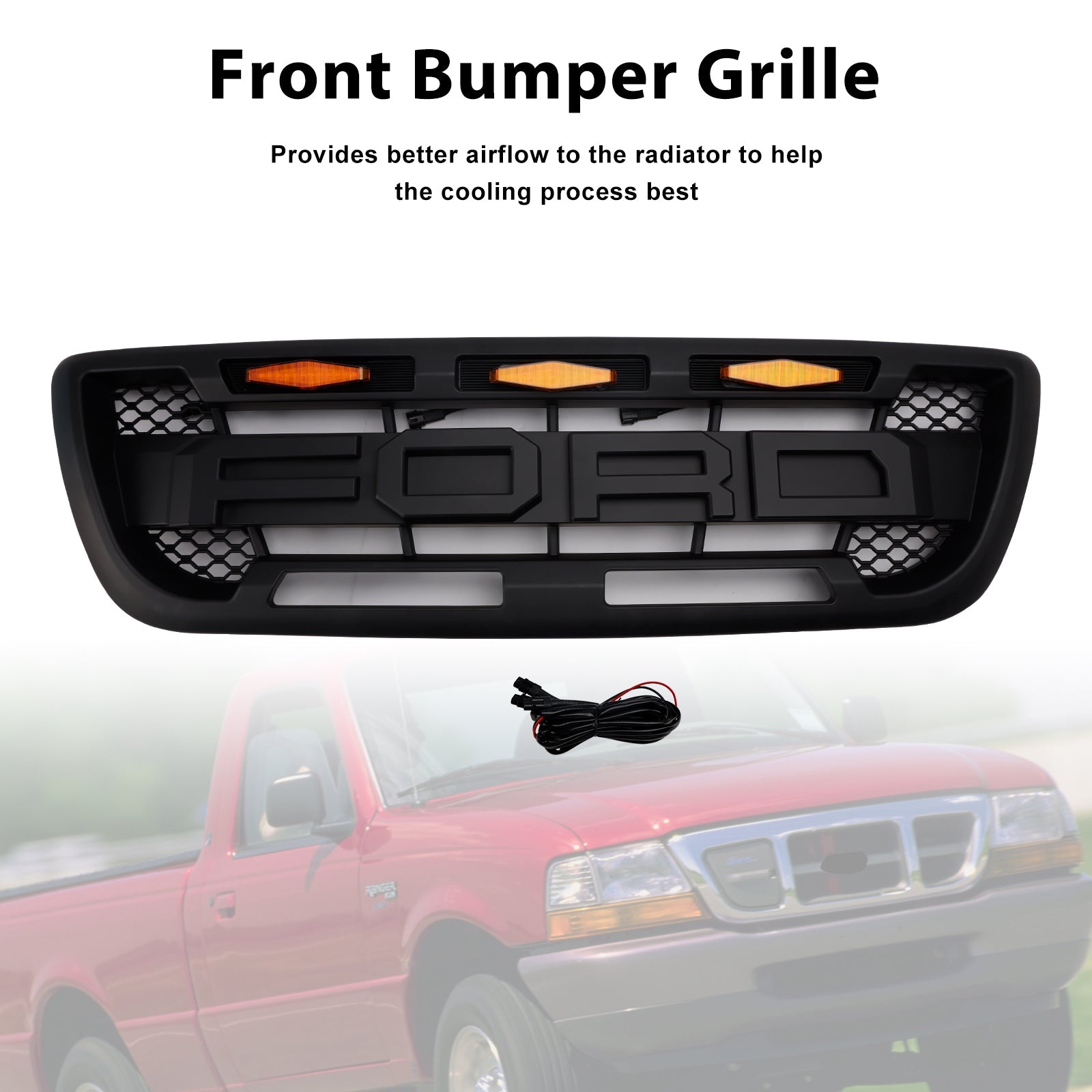 1998-2000 Ford Ranger With LED Light Matt Black Front Bumper Grill Grille