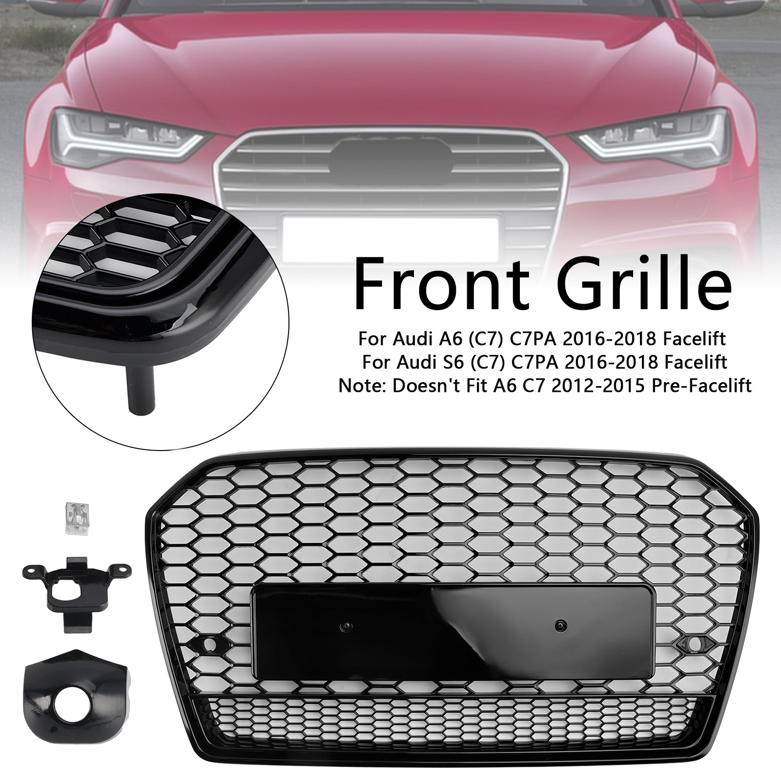 RS6 Style Honeycomb Mesh Front Grille Grill Fit Audi A6 S6 C7 2016-2018 Black