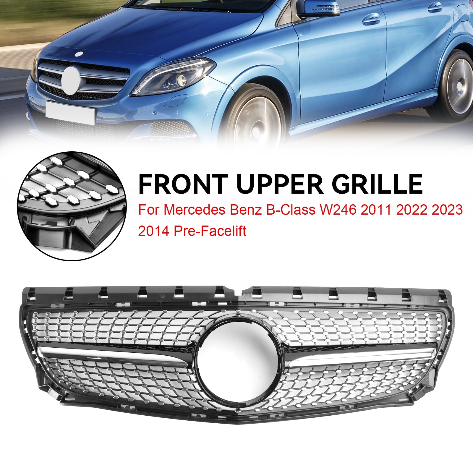 Front Bumper Grill Grille Fit Mercedes Benz B-Class W246 2011-2014 Diamond