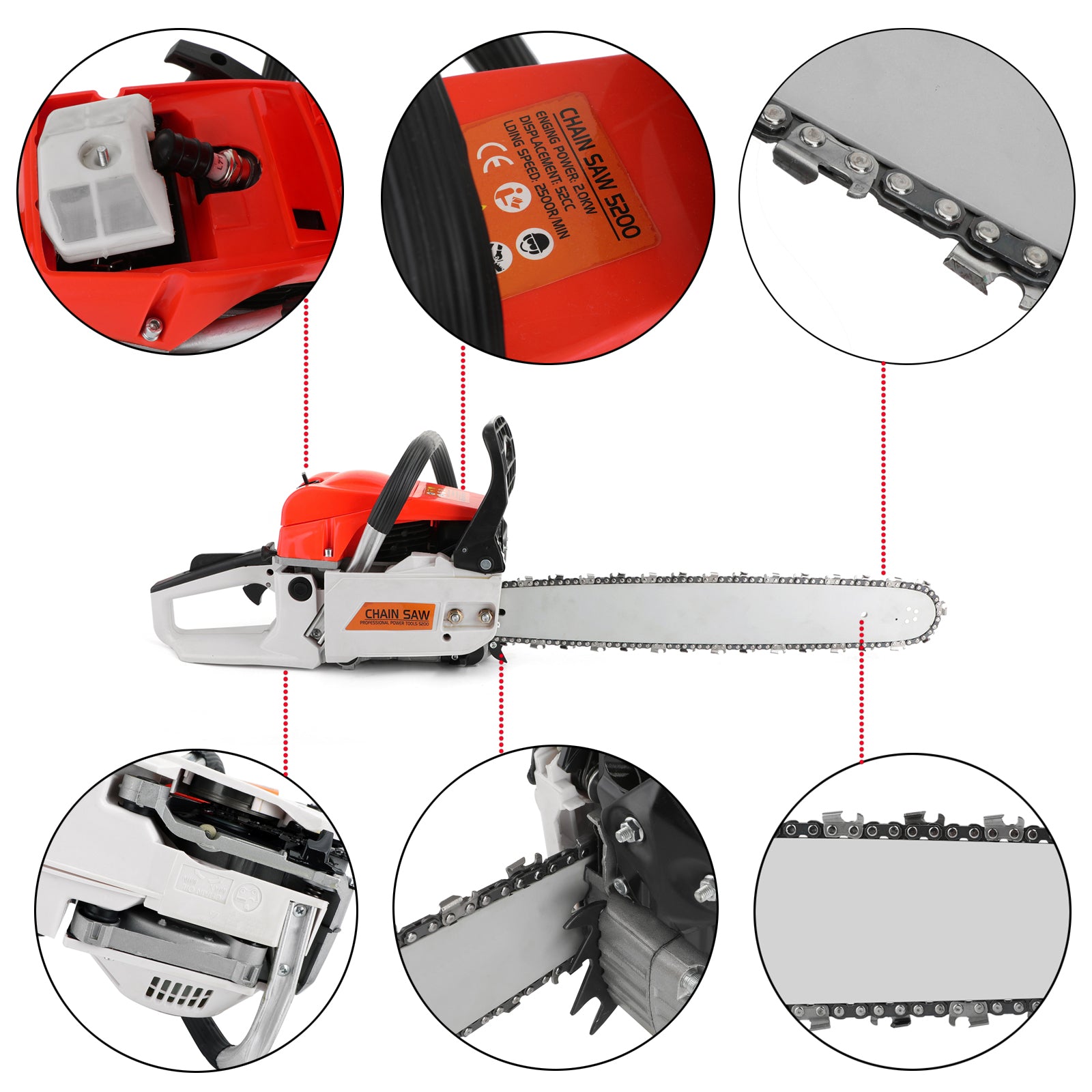 22'' 52CC Chain Saw Cutting Wood Aluminum Chain Saws Best Gasoline Chainsaws Red for Sale