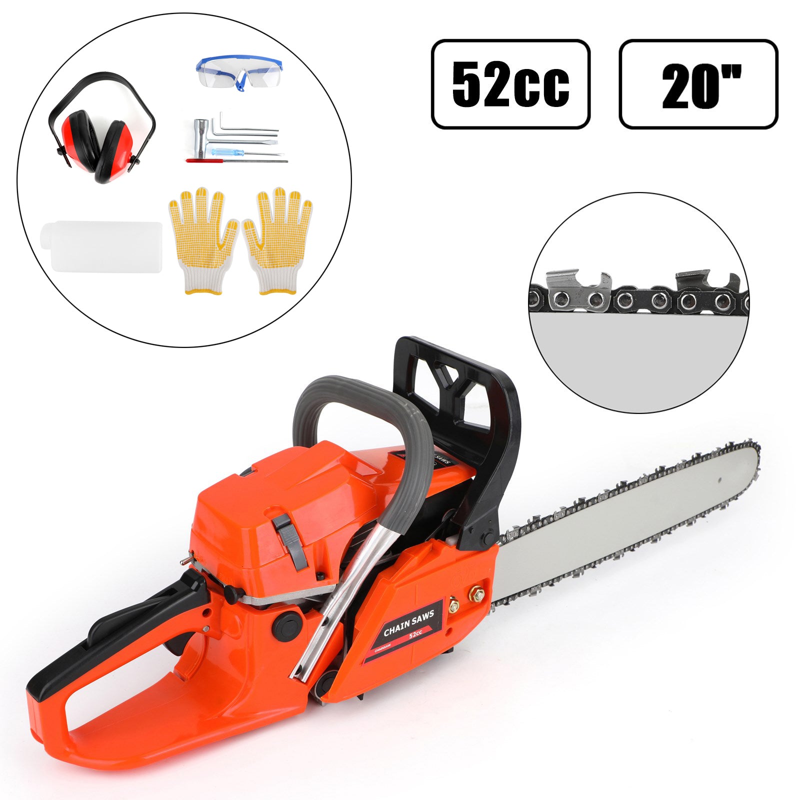 20“ 52cc Chain Saw 20inches Bar Powered Engine 2 Cycle Gasoline Chainsaw Orange