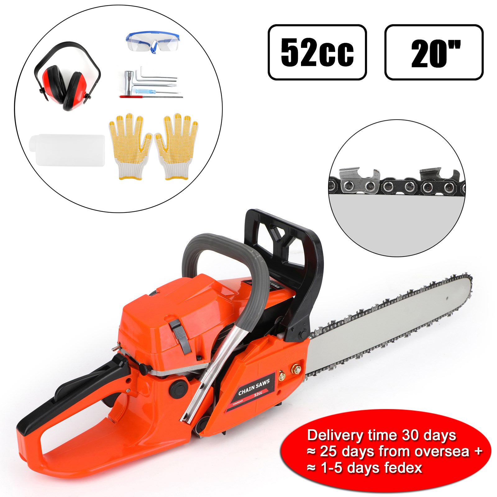 20“ 52cc Chain Saw 20inches Bar Powered Engine 2 Cycle Gasoline Chainsaw Orange