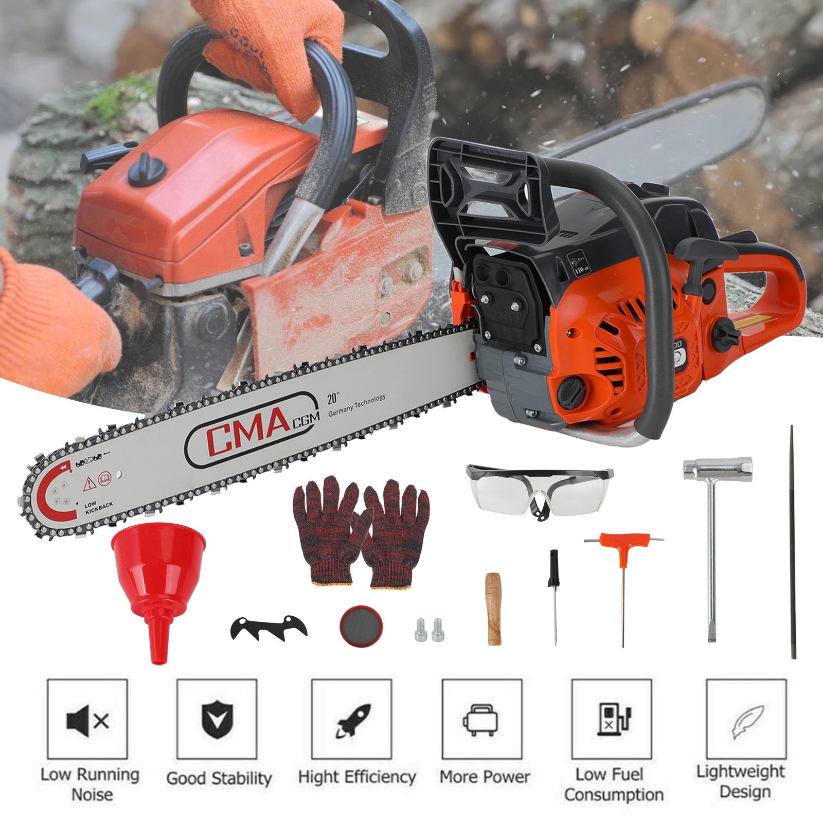 20" 68CC Gasoline Chainsaw Cutting Wood Gas Sawing Aluminum Crankcase Chain Saw