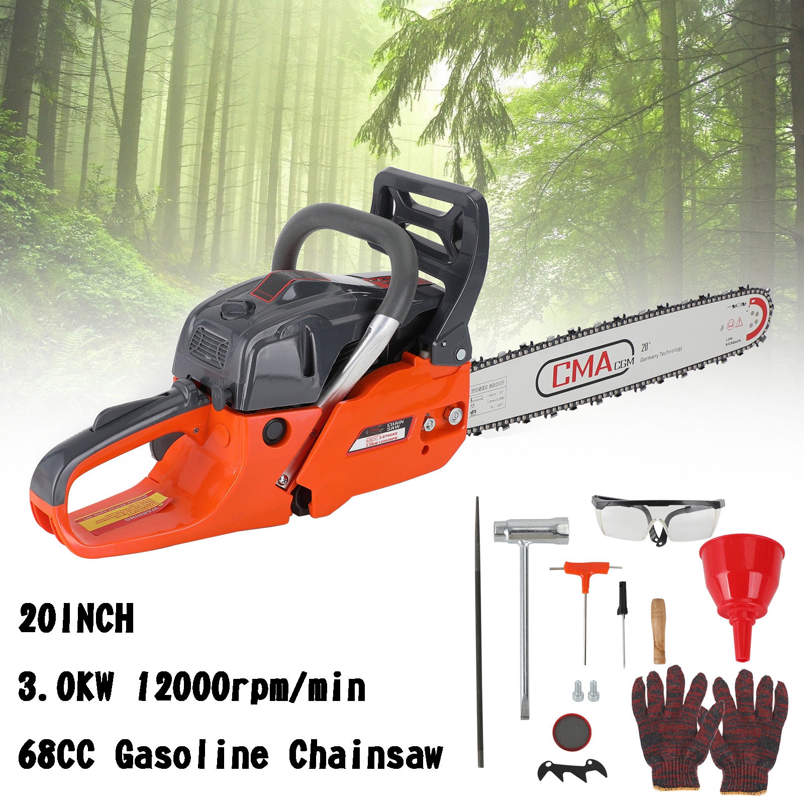 20" 68CC Gasoline Chainsaw Cutting Wood Gas Sawing Aluminum Crankcase Chain Saw