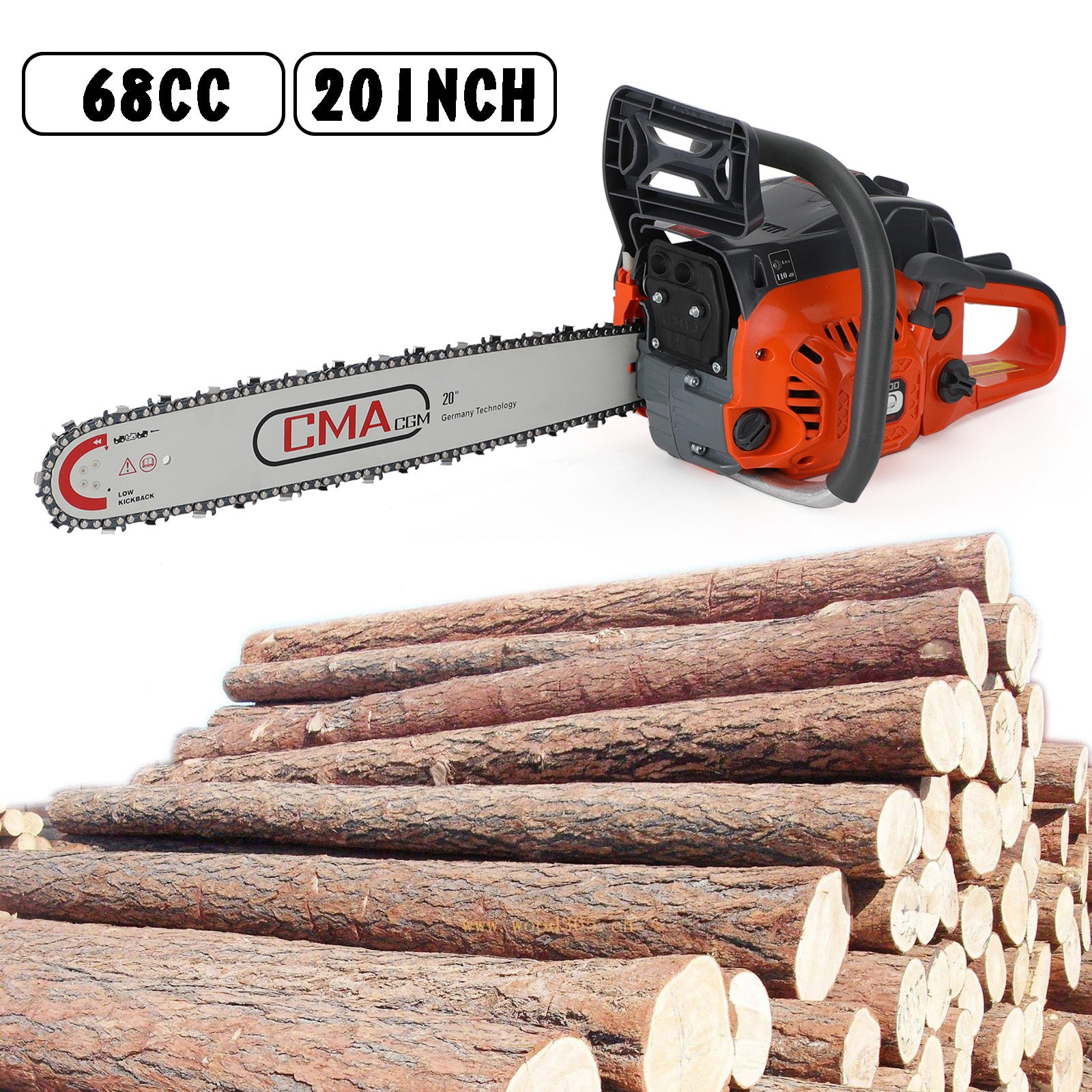 20" 68CC Gasoline Chainsaw Cutting Wood Gas Sawing Aluminum Crankcase Chain Saw