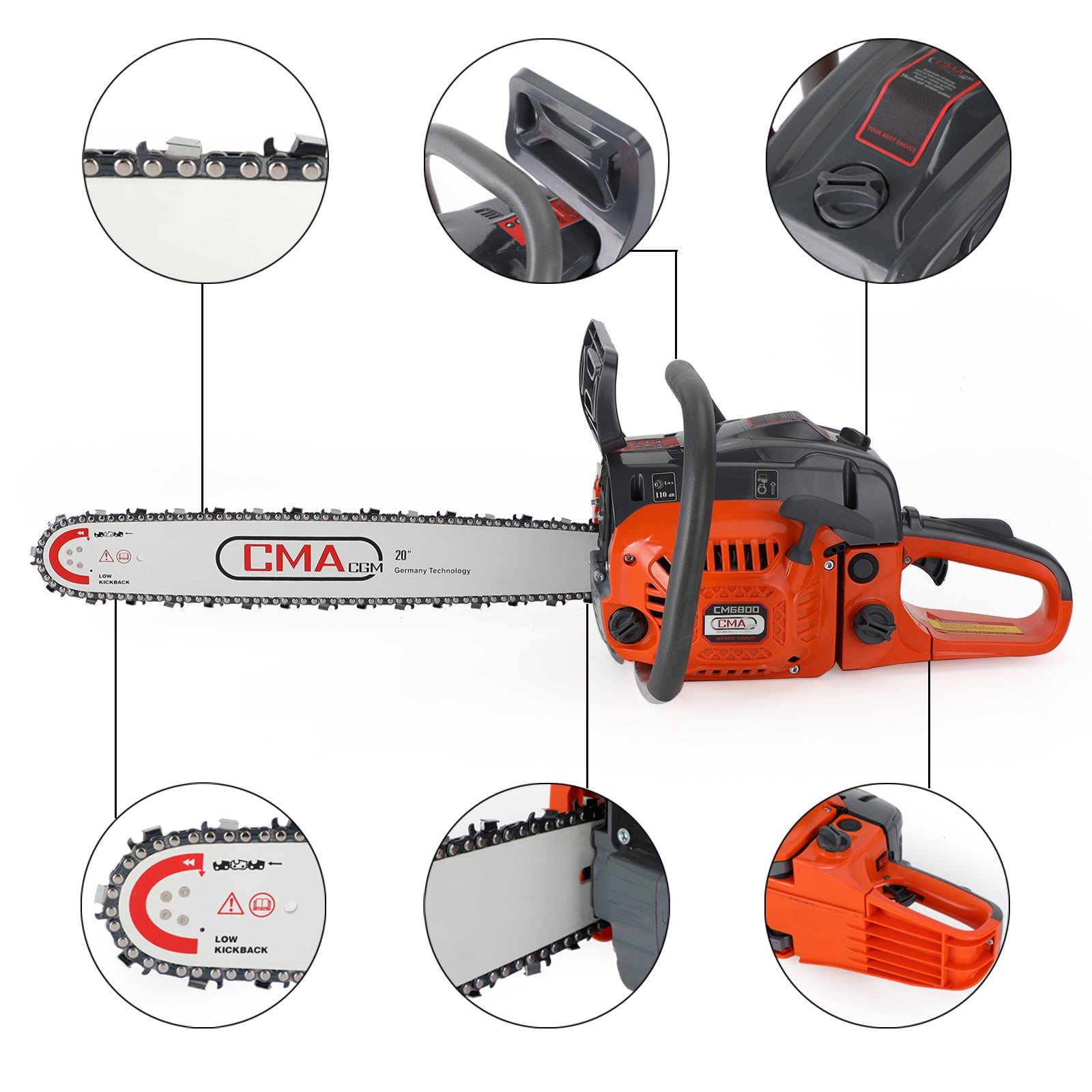 20" 68CC Gasoline Chainsaw Cutting Wood Gas Sawing Aluminum Crankcase Chain Saw