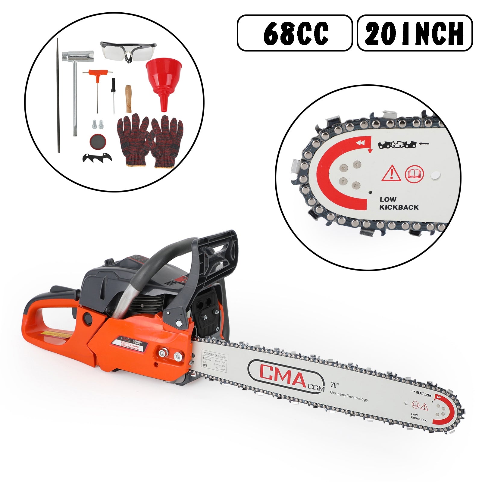 20" 68CC Gasoline Chainsaw Cutting Wood Gas Sawing Aluminum Crankcase Chain Saw