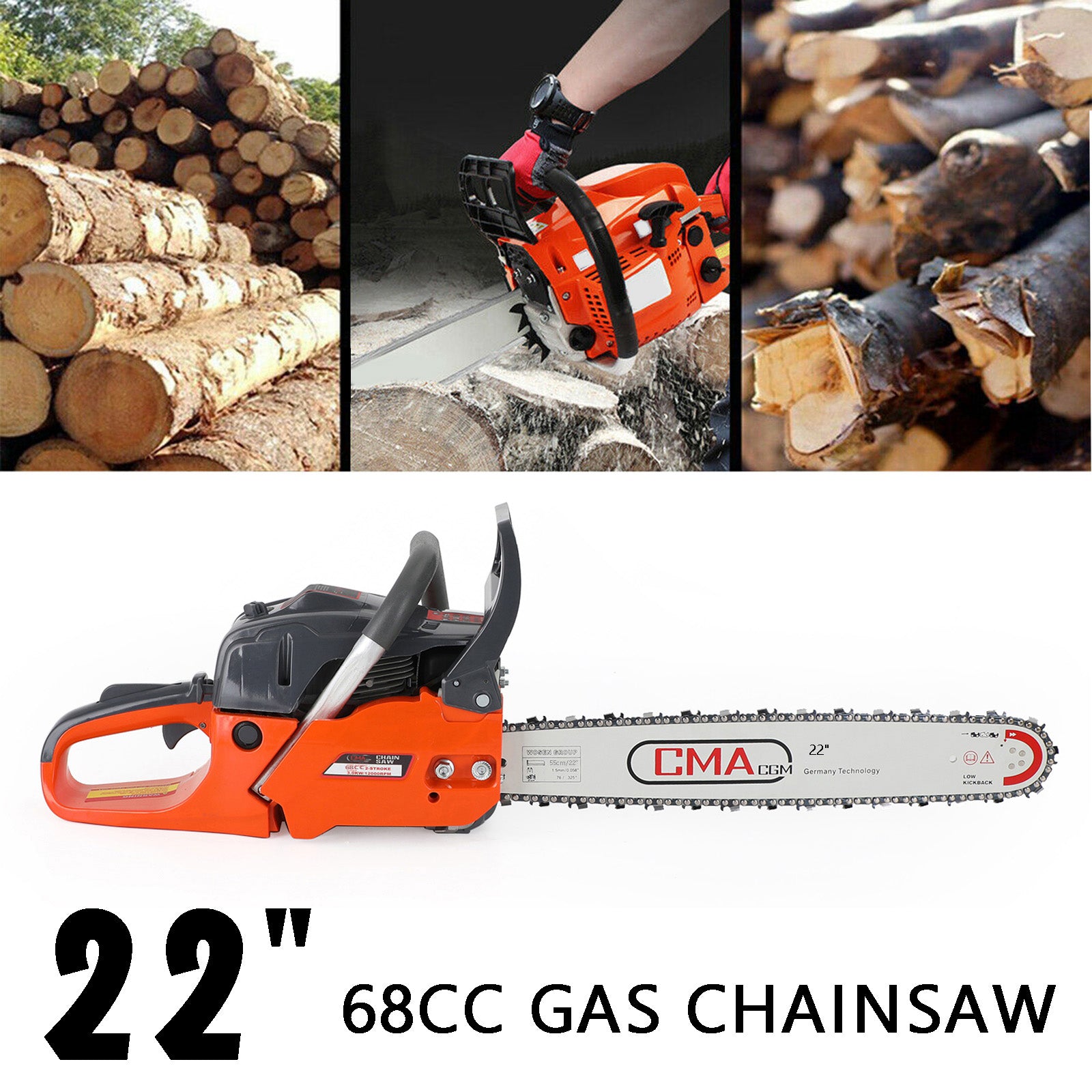 22" 68CC Gasoline Chainsaw Cutting Wood Gas Sawing Aluminum Crankcase Chain Saw