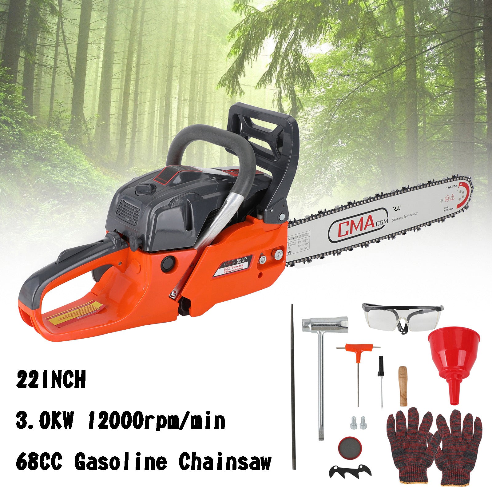 22" 68CC Gasoline Chainsaw Cutting Wood Gas Sawing Aluminum Crankcase Chain Saw