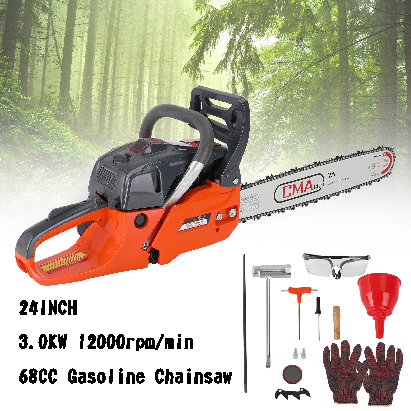 24" 68CC Gasoline Chainsaw Cutting Wood Gas Sawing Aluminum Crankcase Chain Saw