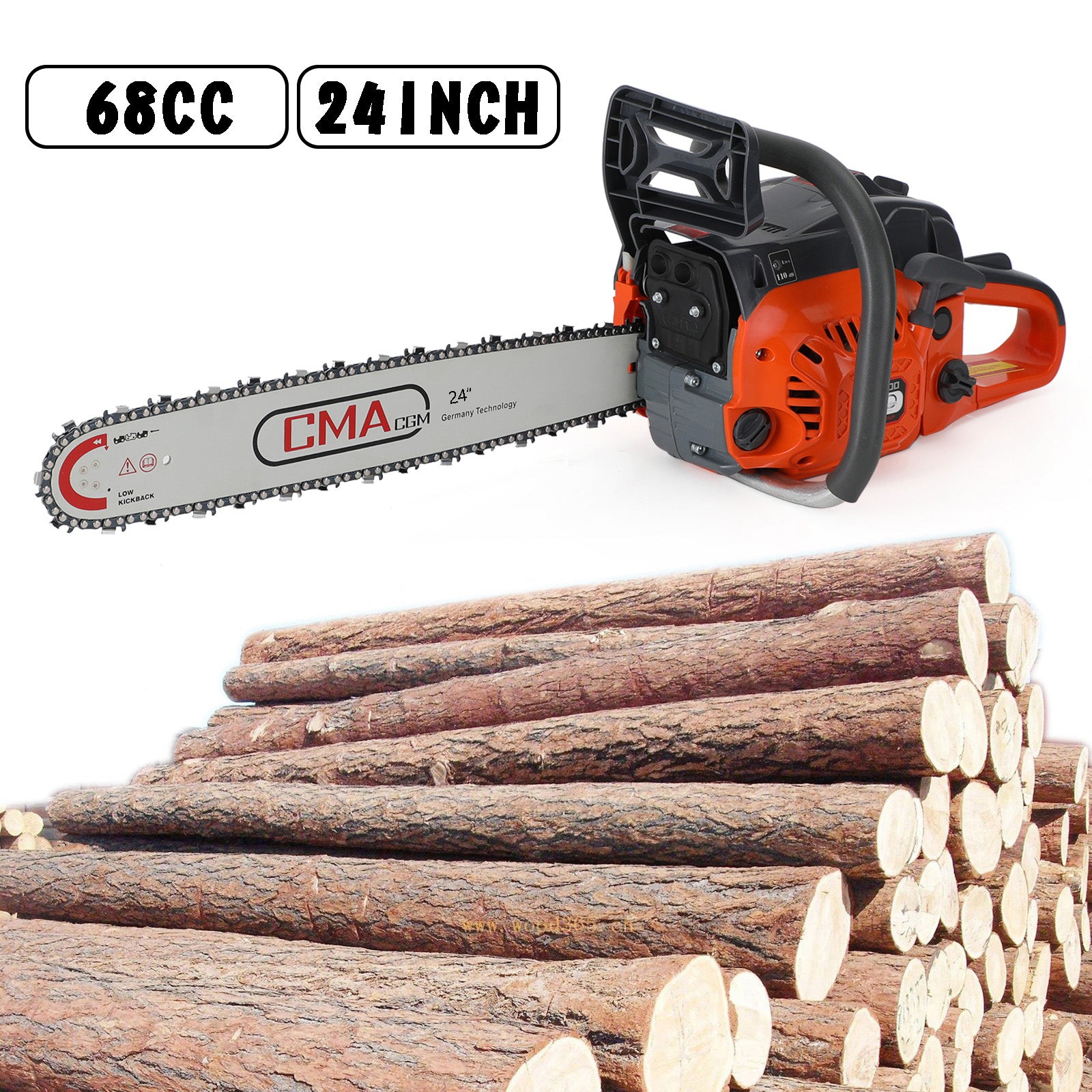 24" 68CC Gasoline Chainsaw Cutting Wood Gas Sawing Aluminum Crankcase Chain Saw