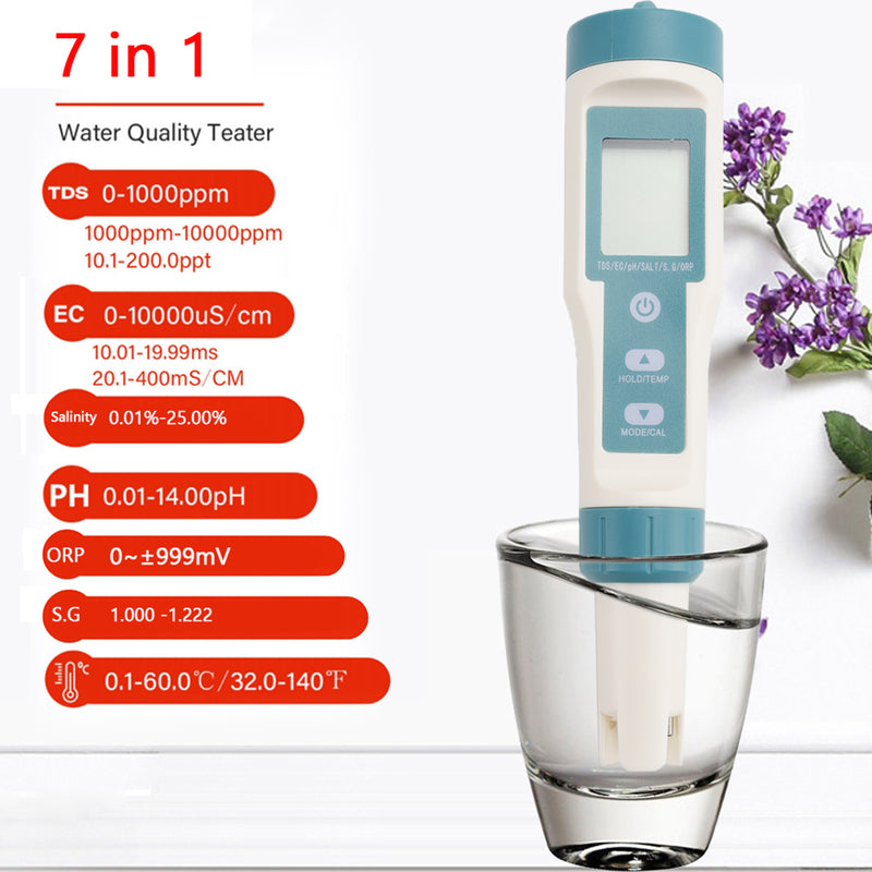 جهاز قياس الملوحة الرقمي 7 في 1 PH TDS TEMP SG EC ORP جهاز قياس جودة المياه