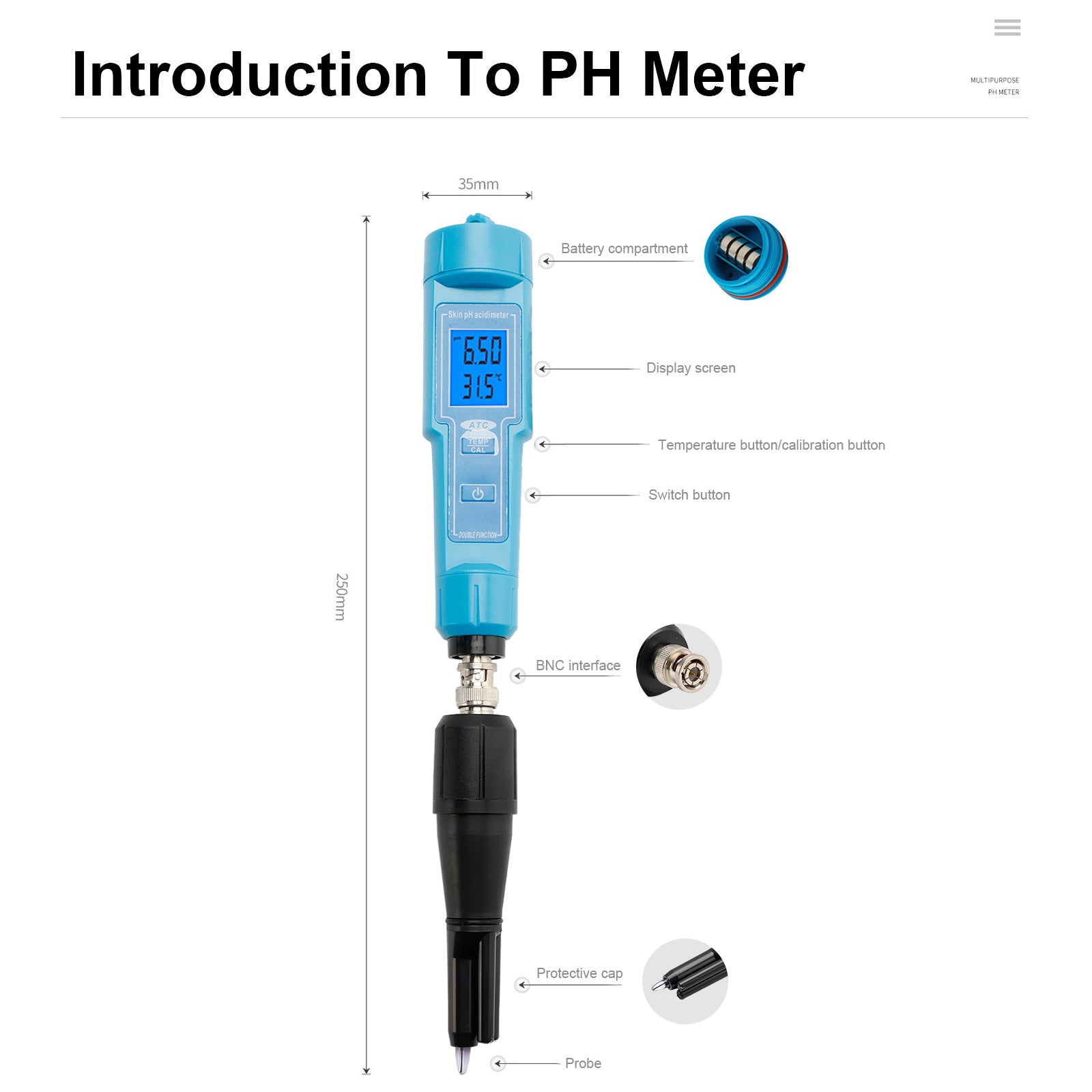 PH Meter Thermometer Pen For Food Fruit Meat Soil Lab Digital Acidity PH Tester