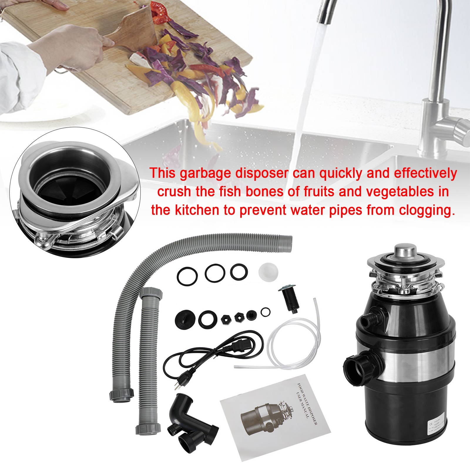 Garbage Disposal 3/4 HP 2800 RPM Under Sink Kitchen Food Waste Disposer w/ Plug