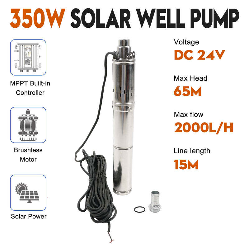 3" 24V 350W Deep Well Solar Submersible Bore Hole Water Pump Built-in MPPT E4