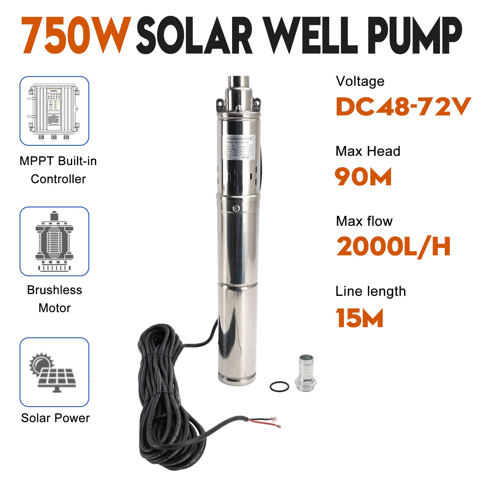 3" 48V 750W MPPT Screw Solar Bore Pump Submersible Deep Well Hole Steel