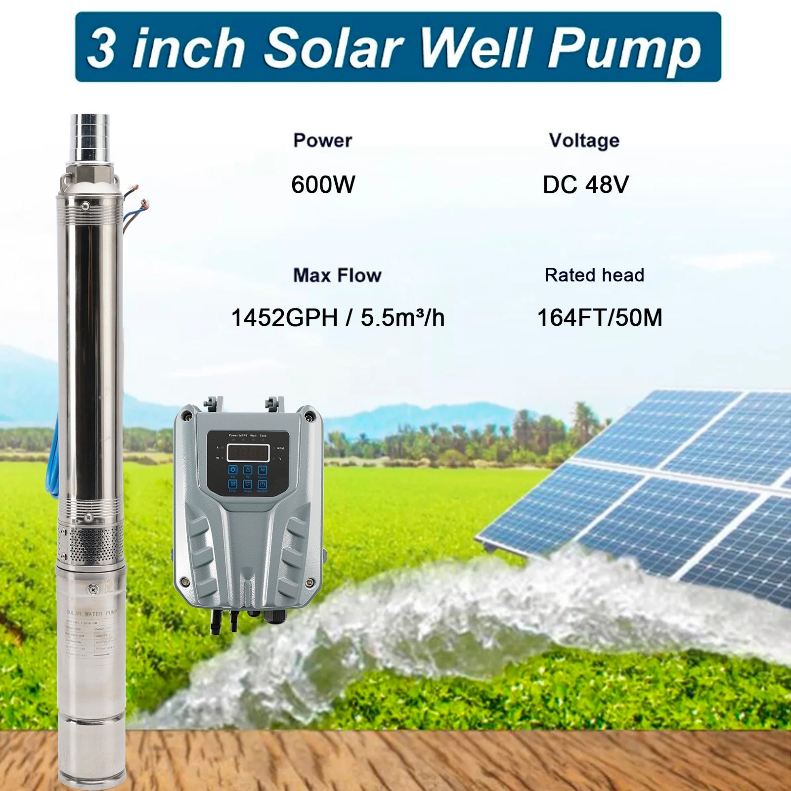 3" 600W Solar Pump Submersible Pump Bore DC 48V Impeller Pump + MPPT Controller