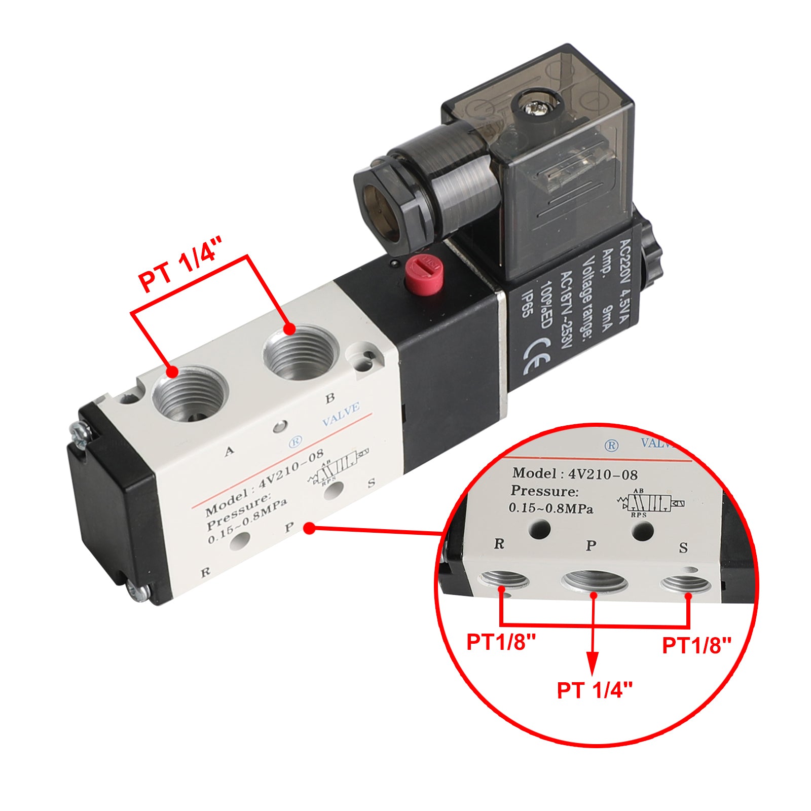 4V210-08 Válvula de aire solenoide eléctrica neumática de CA 220 V de 5 vías y 2 posiciones