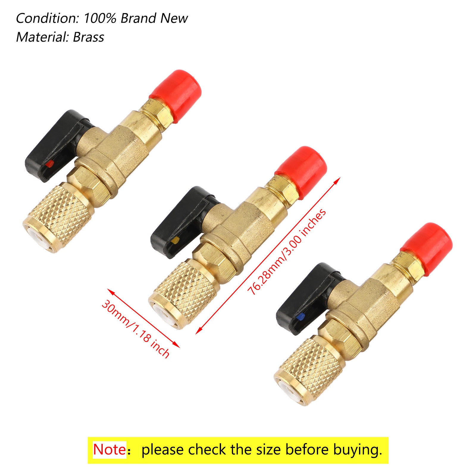 3pc HVAC A/C Straight Shut-Off Ball Valve Adapter For R134a R22 R12 R410a 1/4"