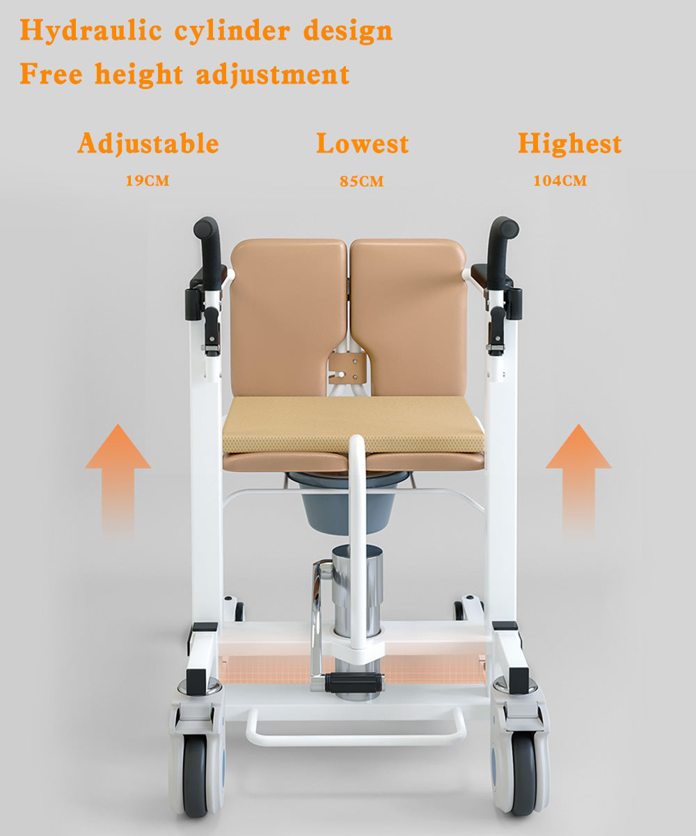 Silla para pacientes Silla de ruedas con elevación hidráulica transferida con asiento y mesa divididos en 180°