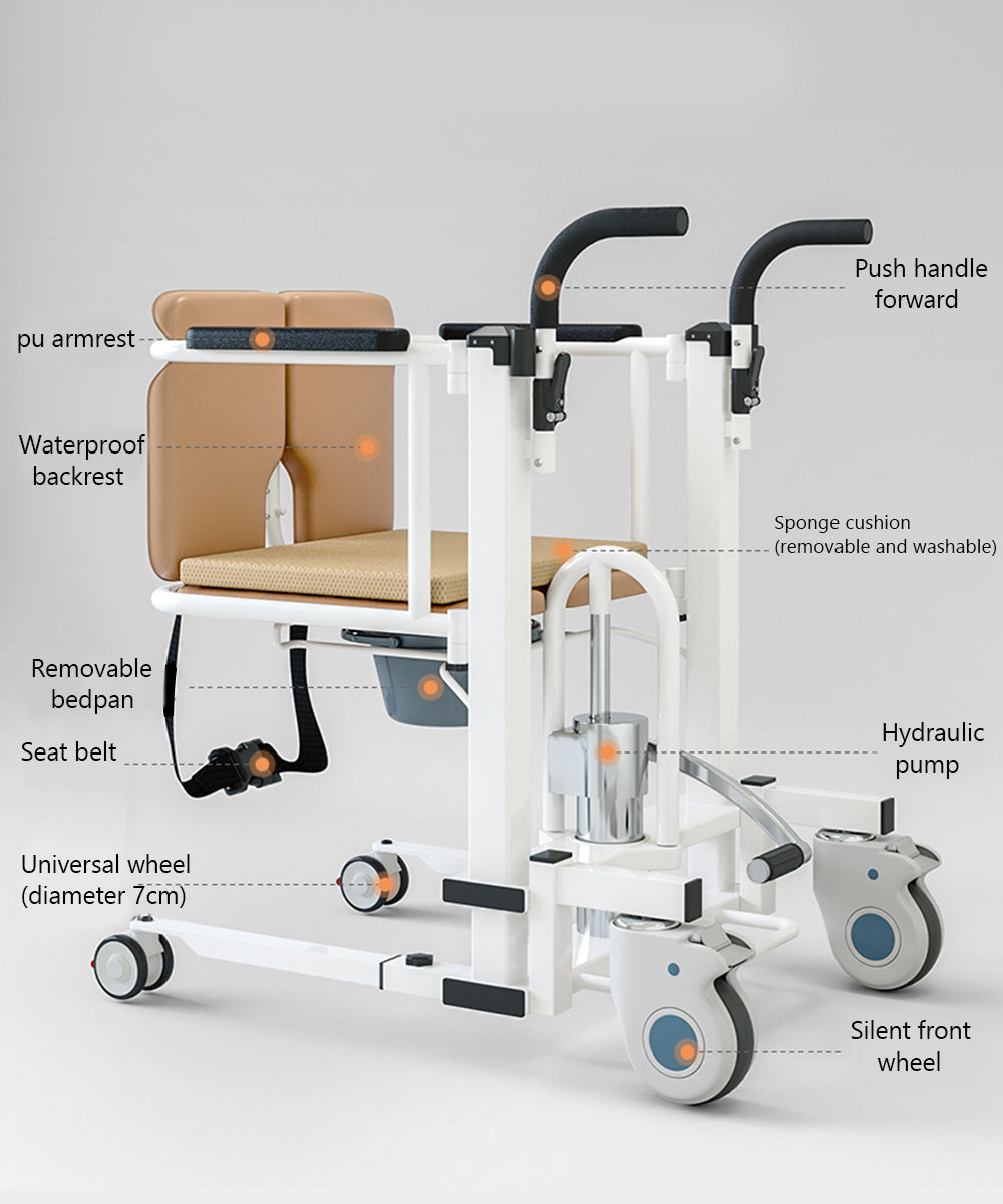 Silla para pacientes Silla de ruedas con elevación hidráulica transferida con asiento y mesa divididos en 180°